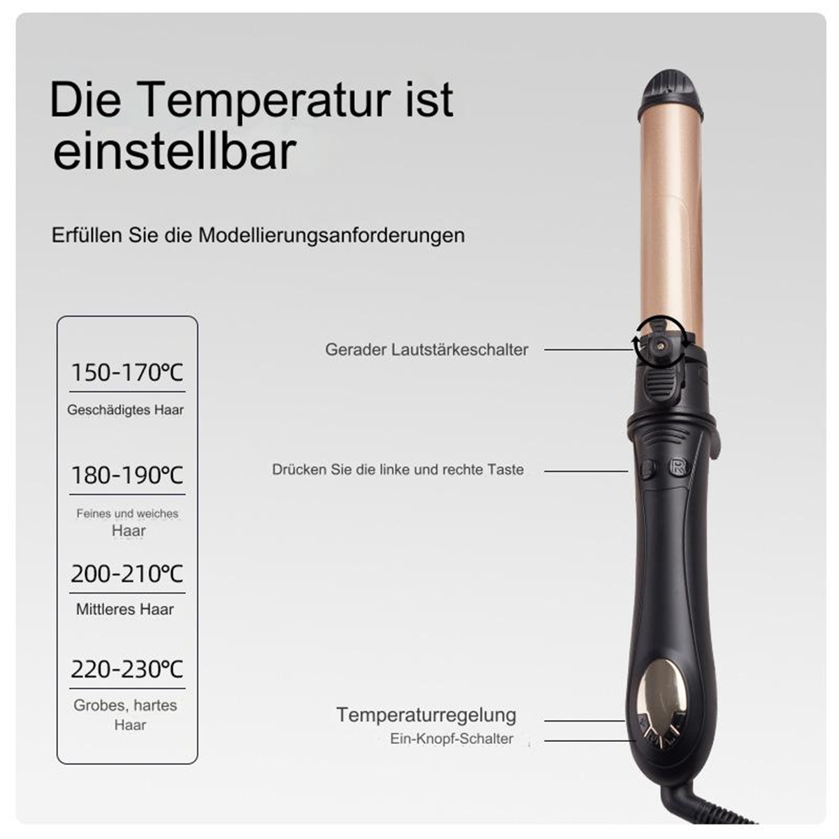 Haar-Lockenstab mit Temperatureinstellungen, schwarzem Griff und goldenem Lauf.