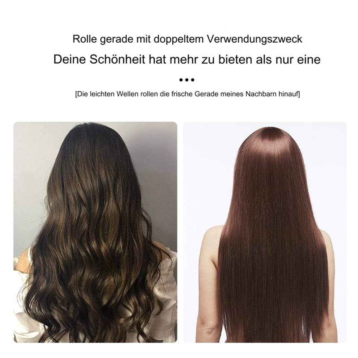 Zwei Frauen mit langen Haaren, eine gewellt braun, die andere glatt braun, nebeneinander.