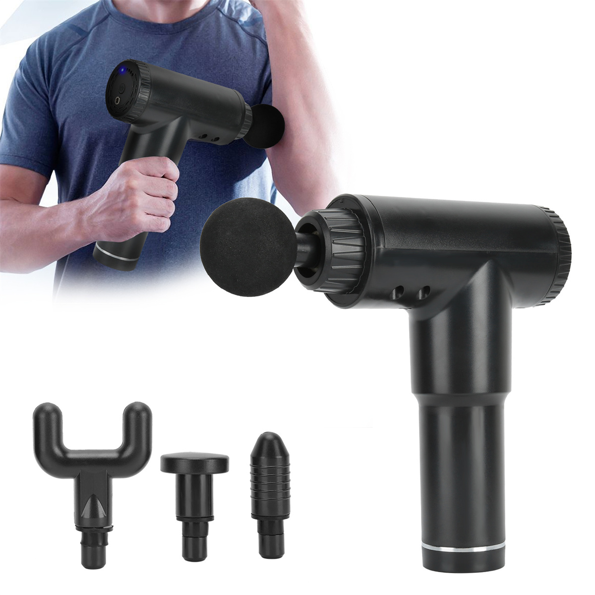 Eine schwarze Muskelmassagepistole mit Aufsätzen. Ein Mann benutzt die Pistole am Arm. Zusätzliche Aufsätze.
