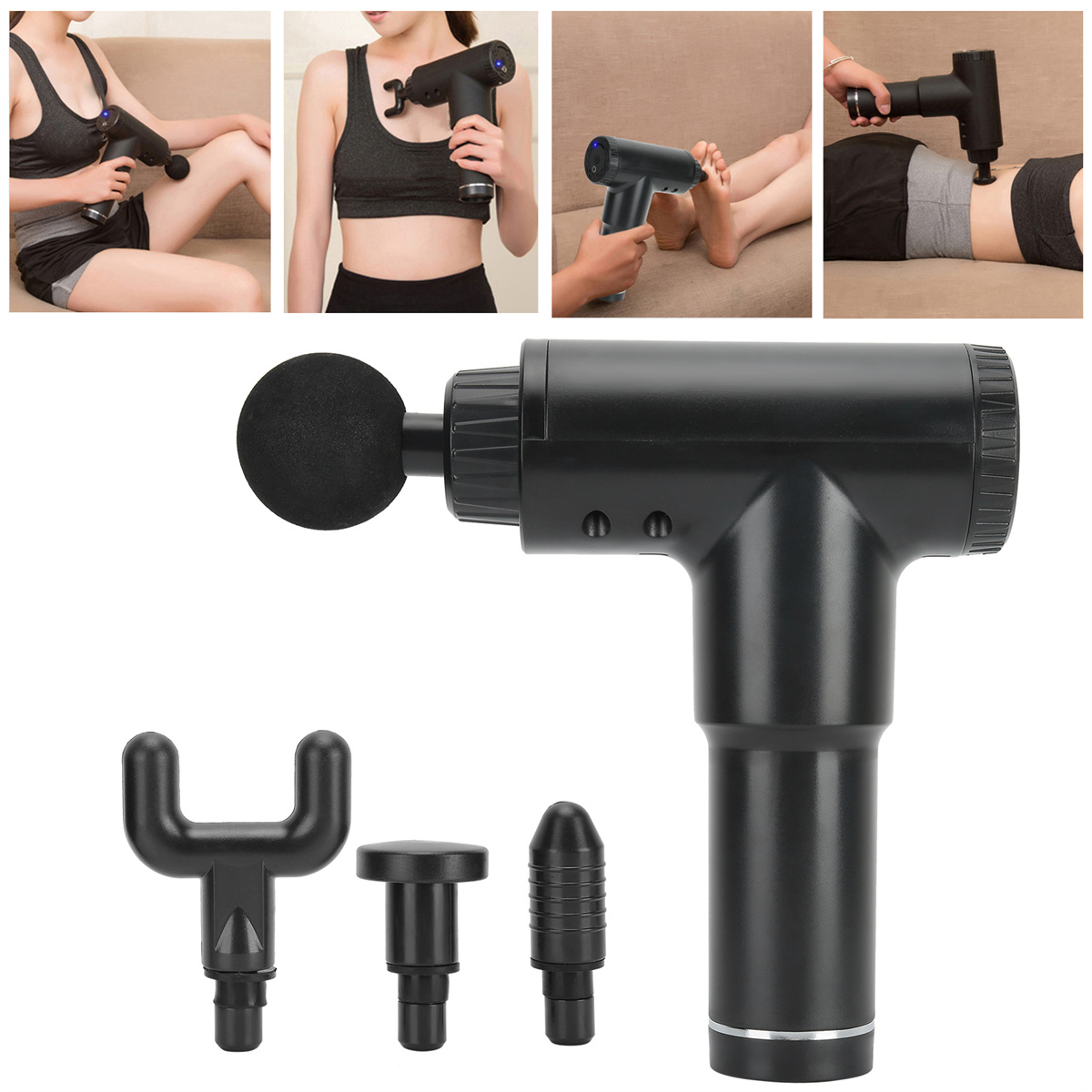 Eine schwarze Massagepistole mit Aufsätzen und Bildern von Personen, die sie zur Schmerzlinderung an verschiedenen Körperteilen verwenden.
