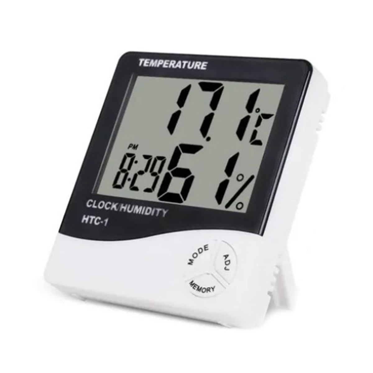 Eine weiße Digitaluhr zeigt Zeit-, Temperatur- und Feuchtigkeitsinformationen auf einem kleinen Ständer an.
