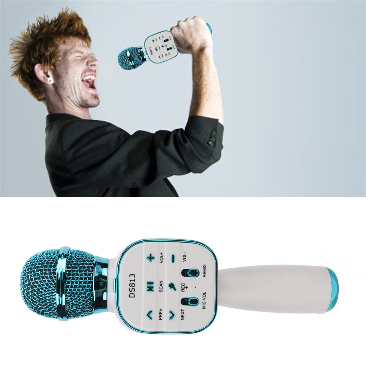 Eine Person singt in ein Mikrofon und eine Detailaufnahme des Mikrofons selbst.