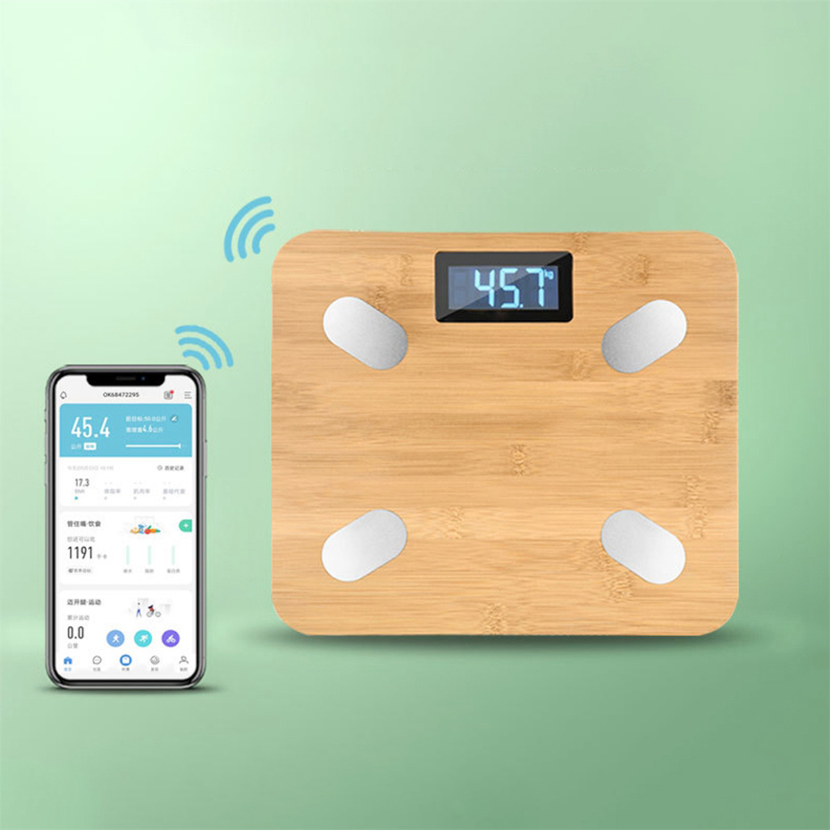 Eine intelligente Waage mit einem Telefon, das Gewicht und Körpermaße anzeigt. Waage mit Holzoptik.