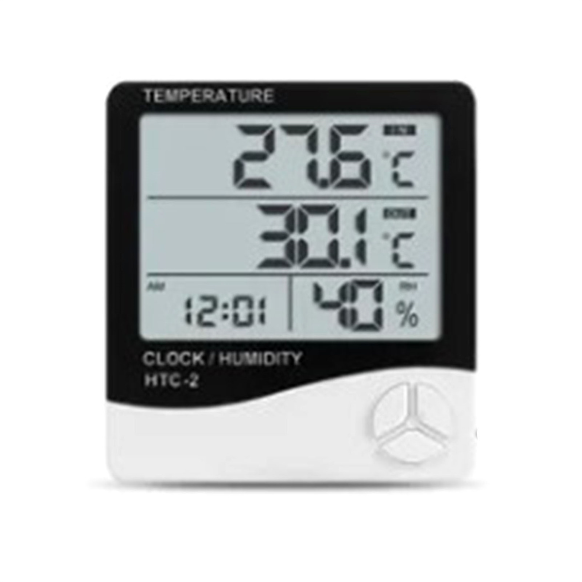 Digitales Thermometer mit Anzeige von Temperatur, Luftfeuchtigkeit und Uhrzeit.