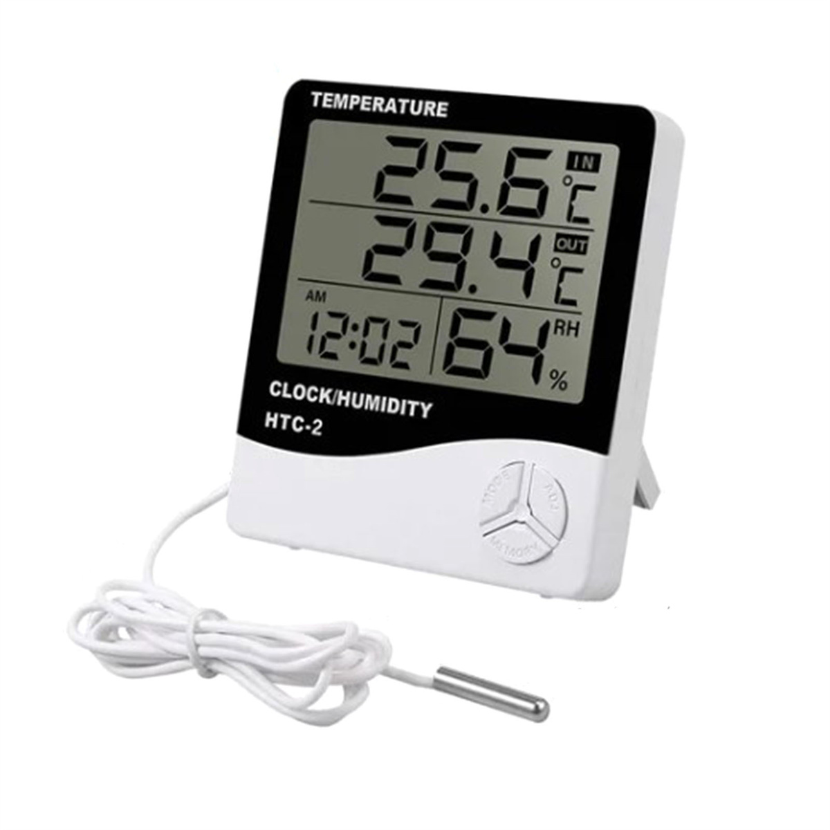 Ein weißes digitales Thermometer zeigt Temperatur, Luftfeuchtigkeit und Uhrzeit an. Es hat eine Sonde und einen Ständer.