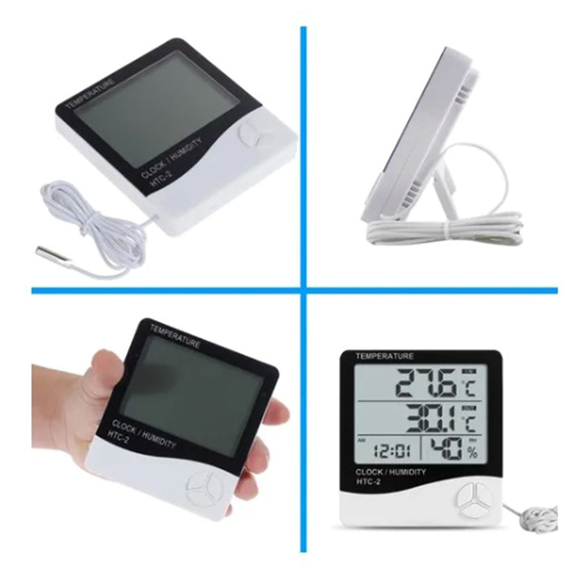 Vier Bilder einer Digitaluhr/eines Thermometers. Die Uhr zeigt Zeit, Temperatur und Luftfeuchtigkeit an.