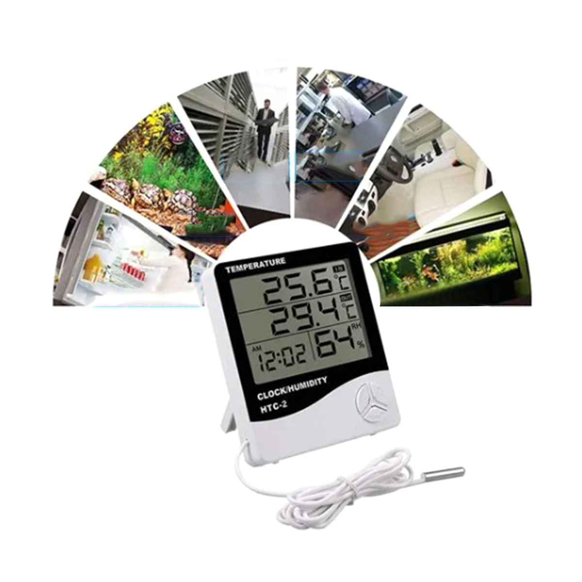Digitales Thermometer mit Anzeige von Temperatur und Luftfeuchtigkeit, mit Hintergrundbildern.