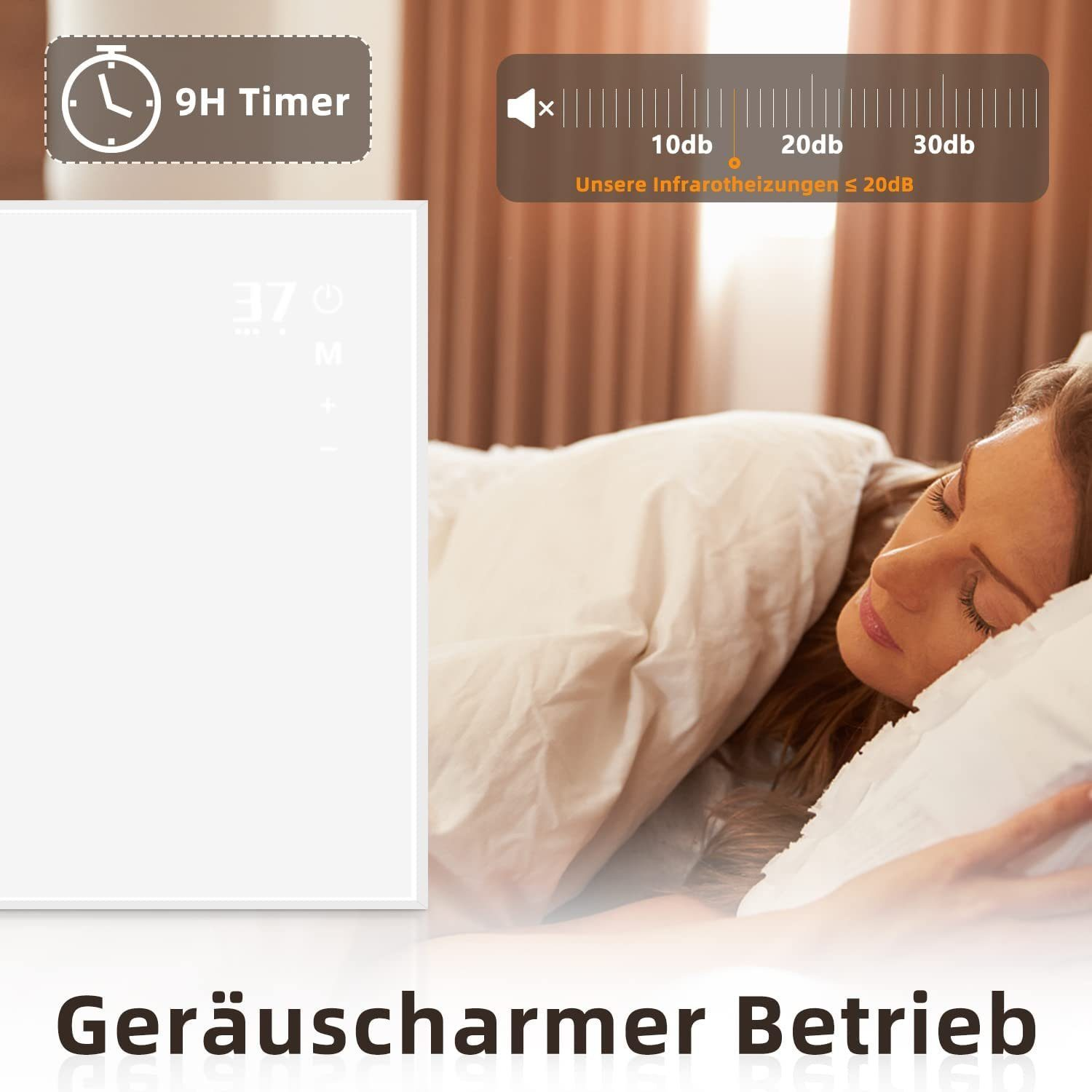 Kobieta śpiąca w pobliżu białego grzejnika. Grzejnik ma cyfrowy wyświetlacz i ikonę głośnika.