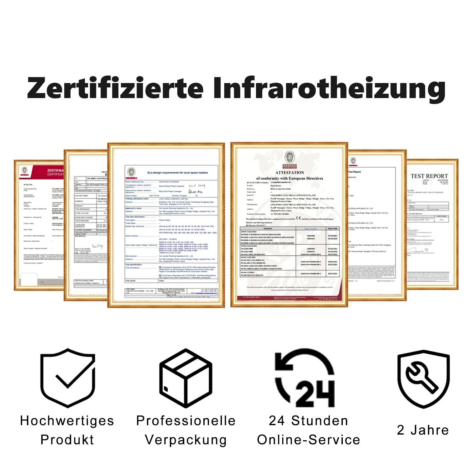 Certyfikaty ogrzewania na podczerwień: dokumenty z tekstem i logo. Widoczne są również inne ikony.