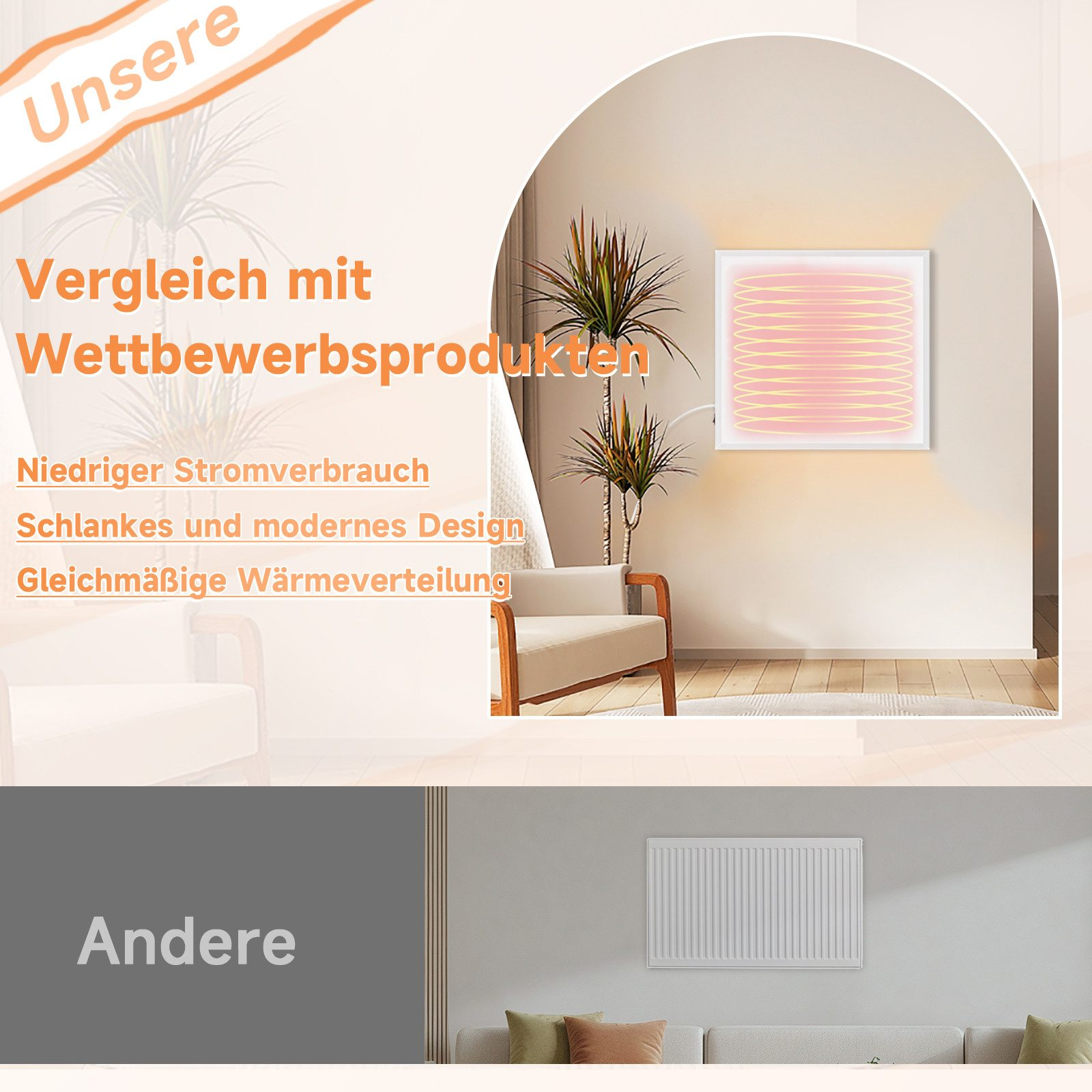 Werbebild. Heizpaneel in einem Raum, Text zur Förderung von Funktionen und ein Stuhl.