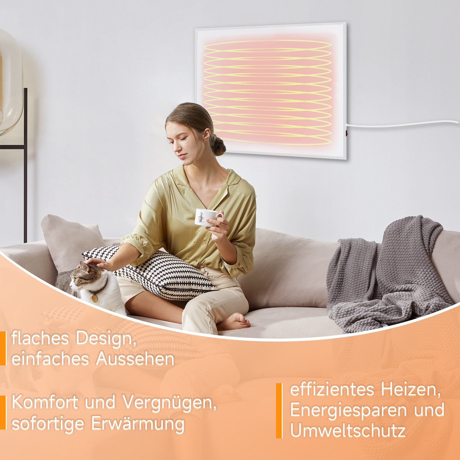 Frau mit Katze, sitzend mit Decke, in der Nähe eines Wandheizkörpers.