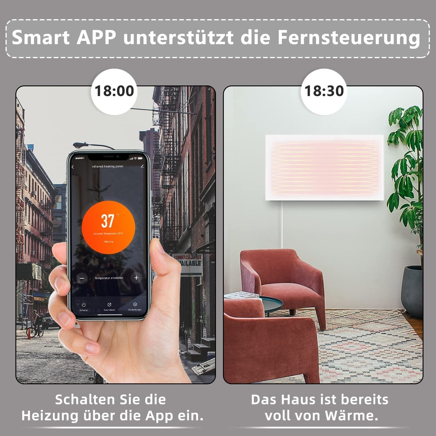 Eine Person steuert eine Heizung per App mit einem Telefon. Text auf Deutsch.