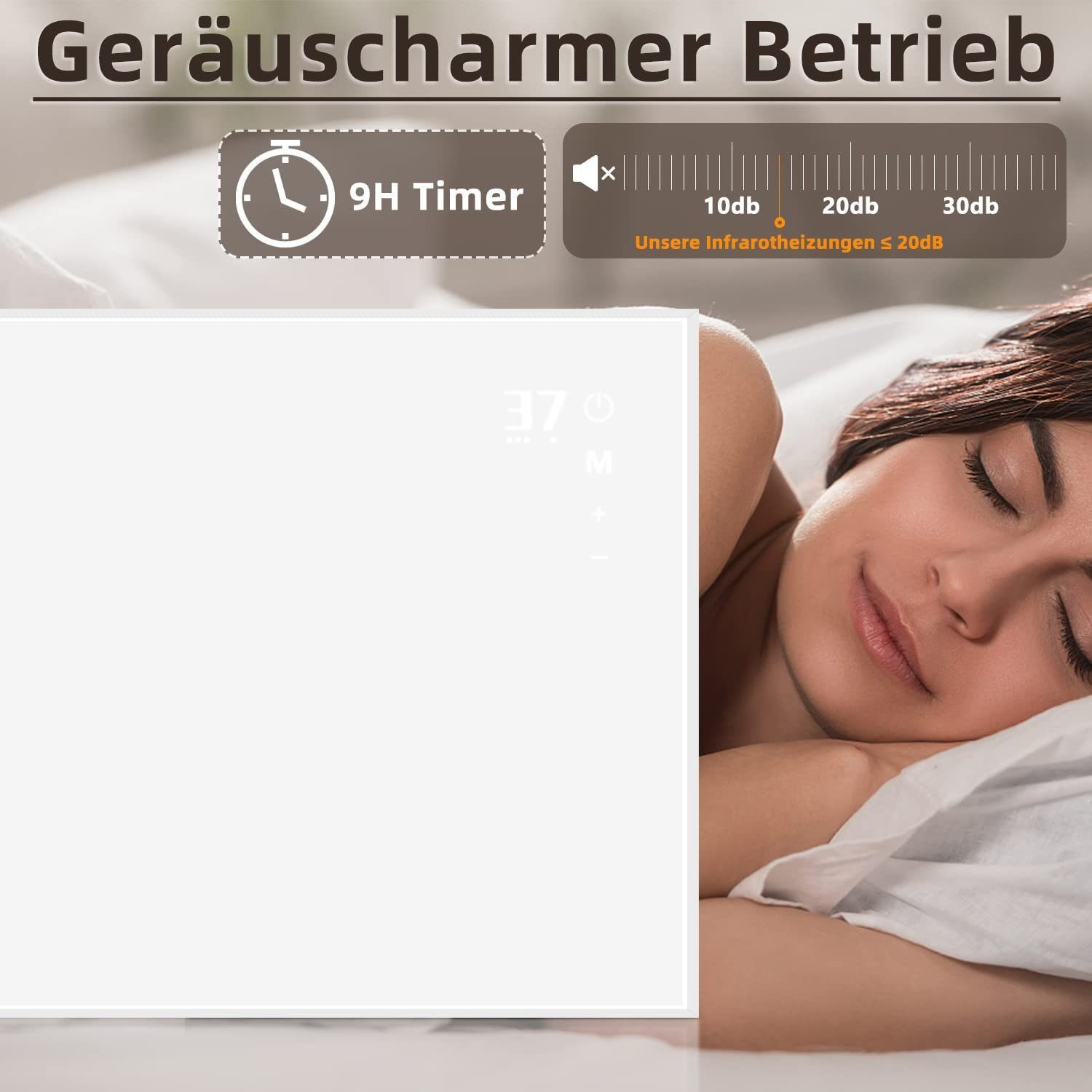 Eine Frau schläft in der Nähe eines digitalen Heizgeräts. Text: 'Geräuscharmer Betrieb' und Timer-Optionen.