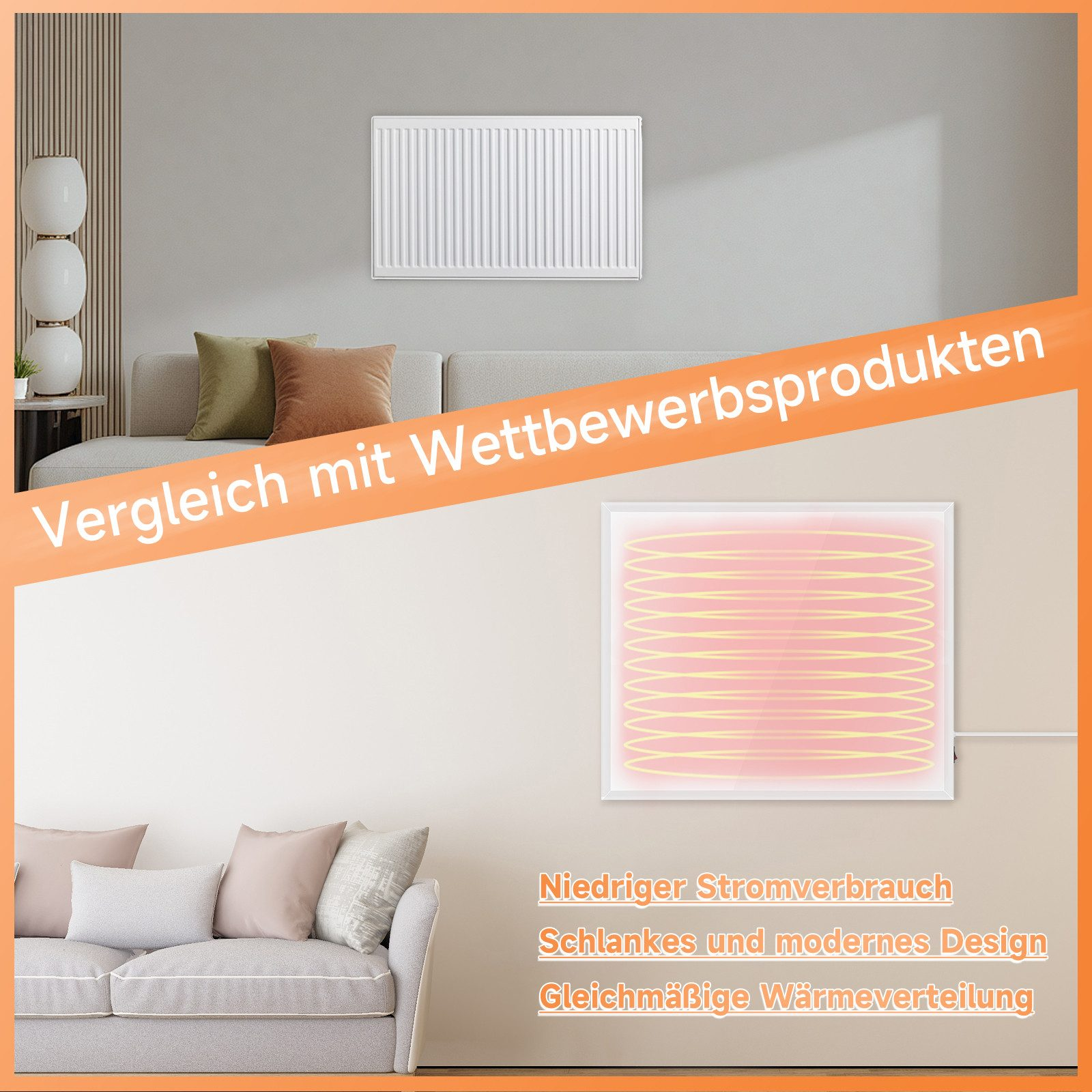 Stufe a parete, confronto con un moderno ed elegante riscaldatore elettrico, sfondo bianco.