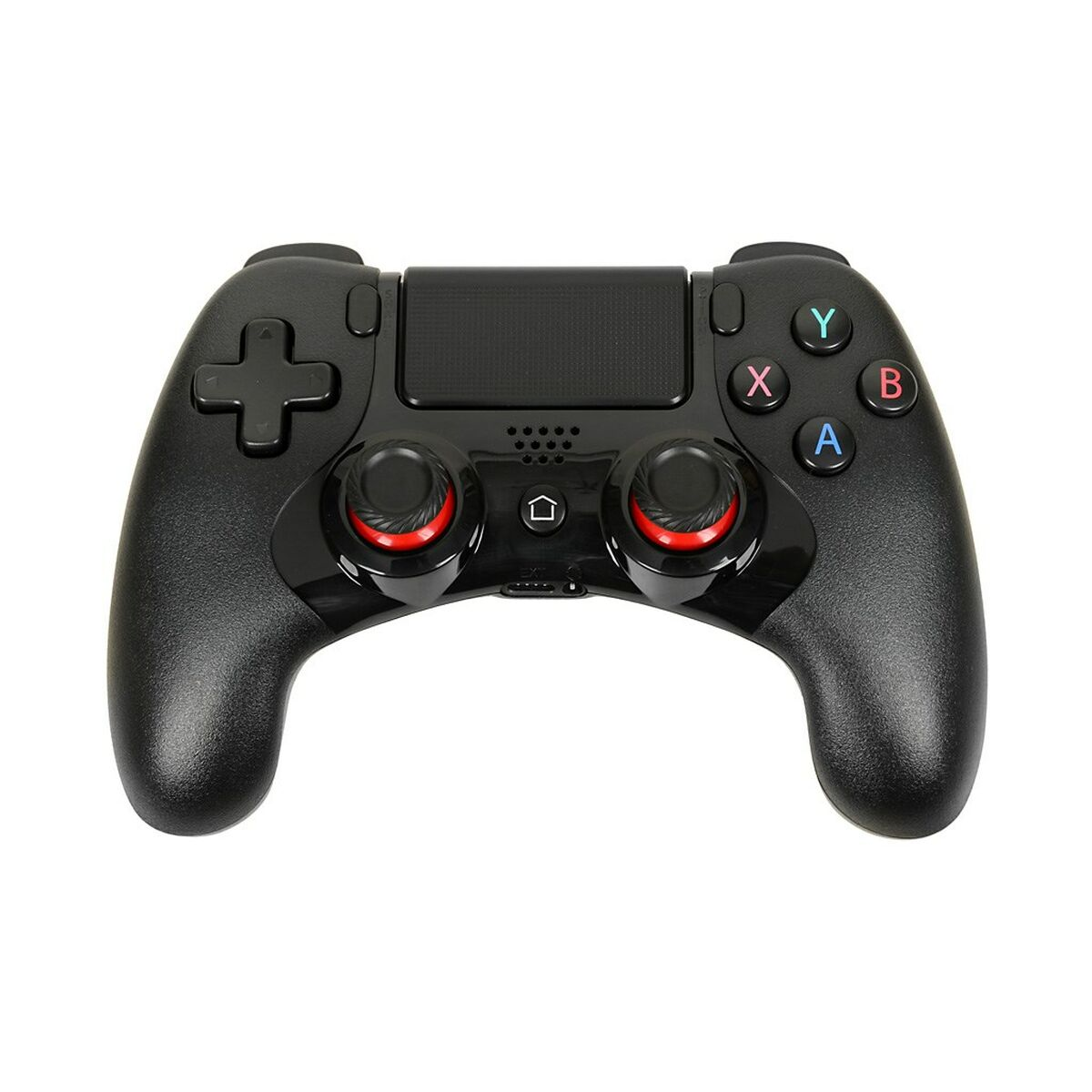 Ein schwarzes Gamepad mit roten Akzenten auf den Analog-Sticks und farbigen Tasten (Y, X, B, A).