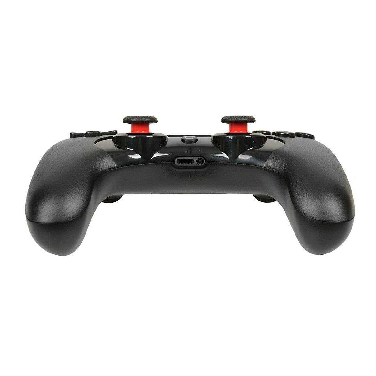 Schwarzer Gamecontroller mit roten Joysticks oben und schwarzen Knöpfen.