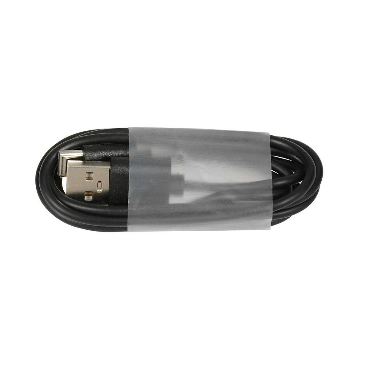 Schwarzes USB-Kabel aufgerollt und in klarem Kunststoff verpackt.