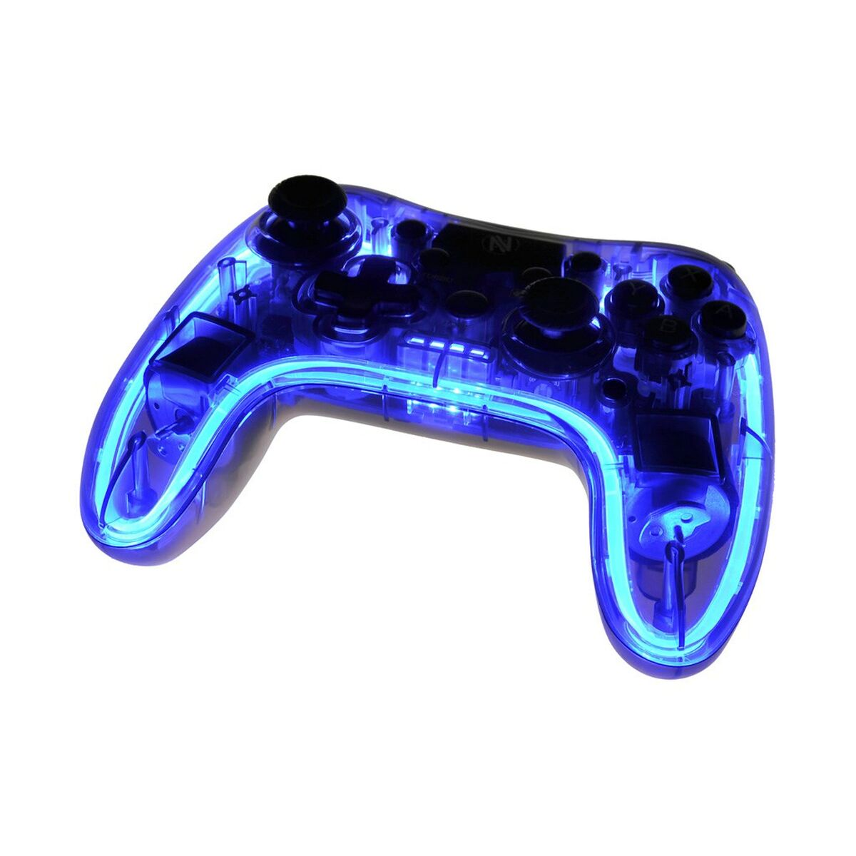 Transparenter blauer Gamecontroller auf weißem Hintergrund, mit Tasten.