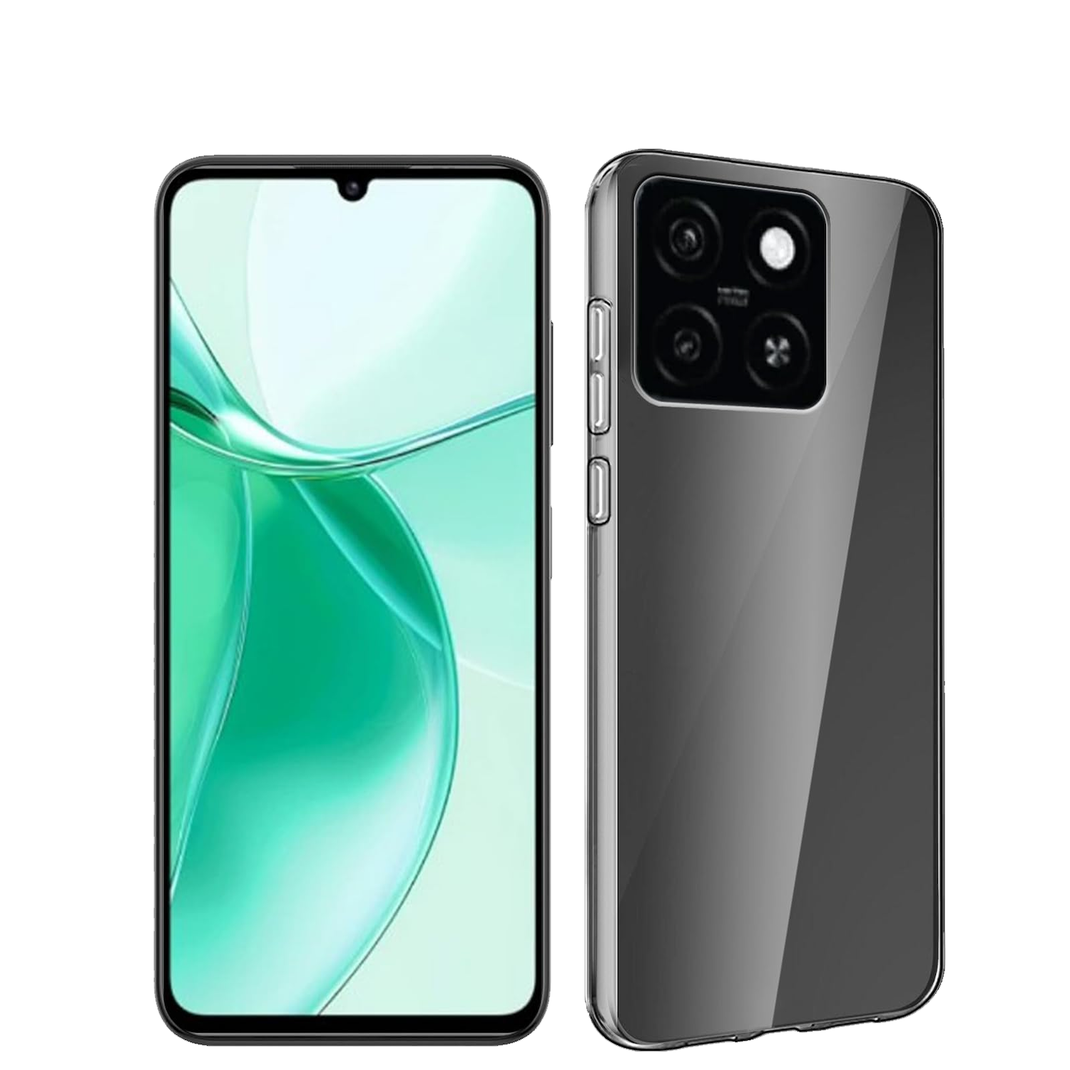 Smartphone mit grünem Display und transparenter Hülle, zeigt Rück- und Vorderseite. Auf weißem Grund.