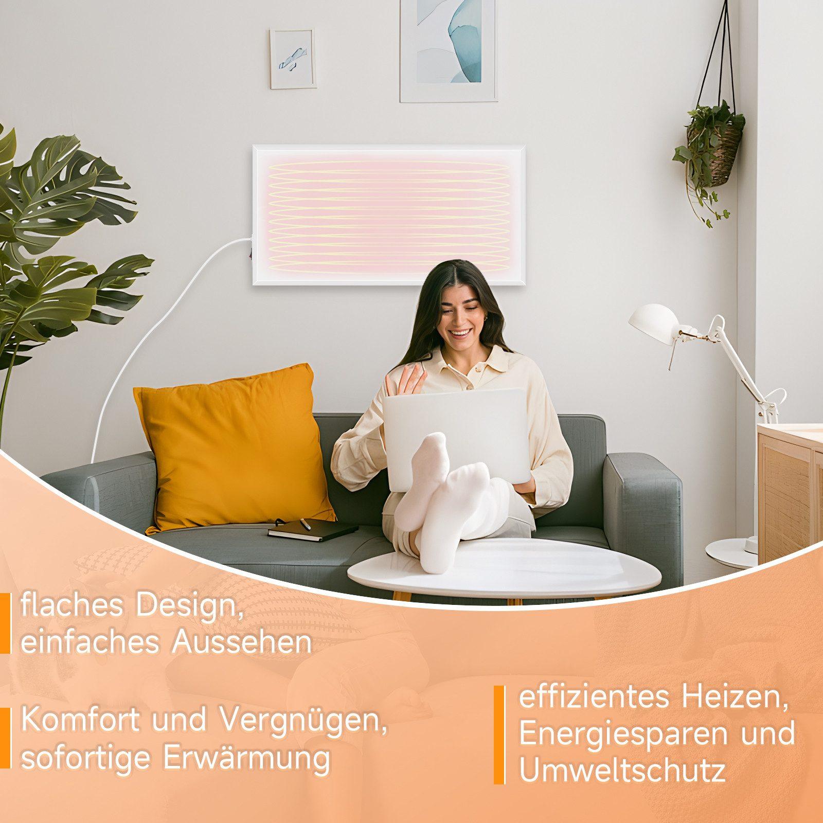 Frau auf Sofa mit Laptop, vor einem Wandheizkörper. Text in orangefarbenen Kästen.