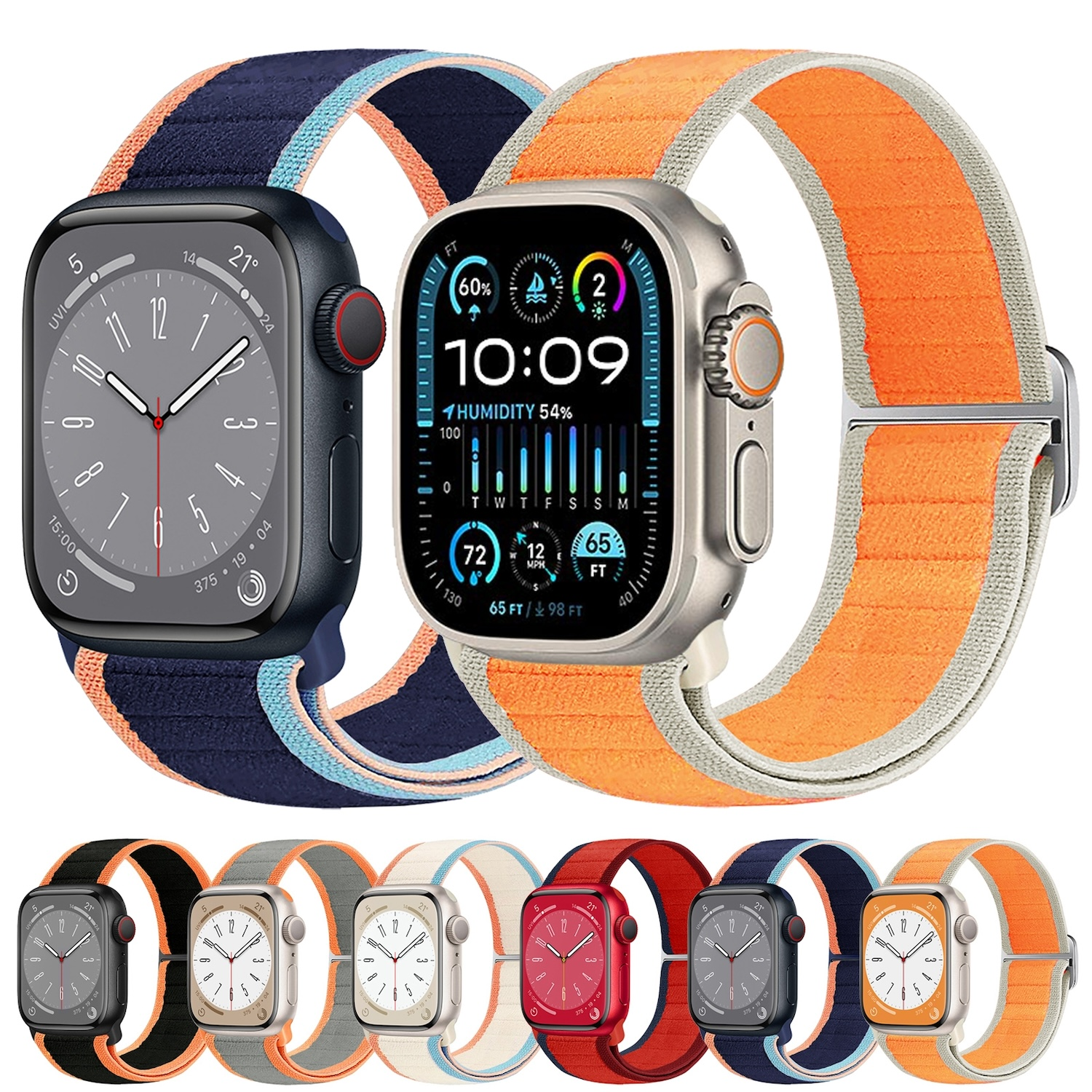 Mehrere Smartwatches mit unterschiedlich farbigen Armbändern. Die Zifferblätter zeigen Zeit und Fitnessdaten.