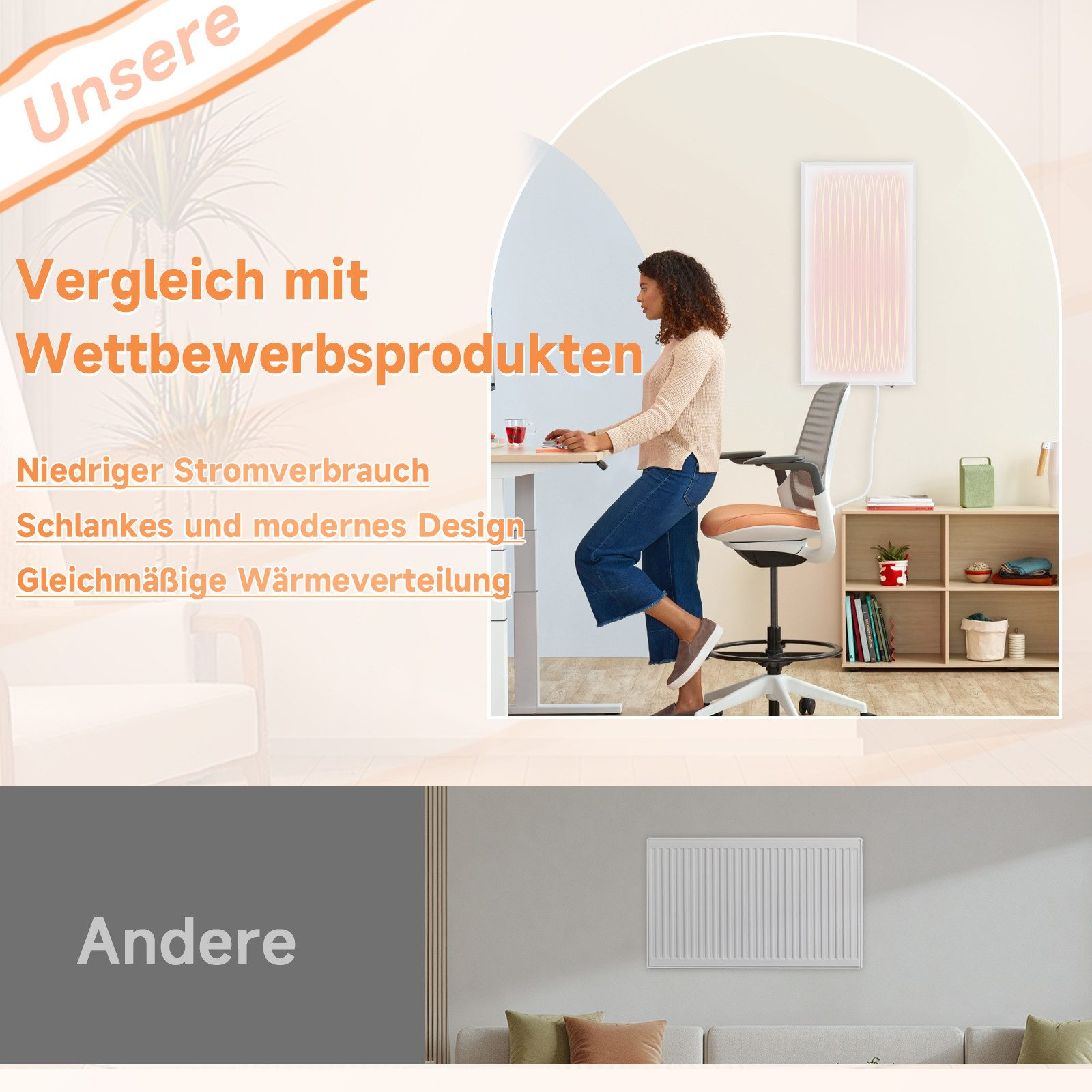 Eine Frau arbeitet an einem Schreibtisch mit Stehpult. Ein weißer Heizkörper an der Wand.