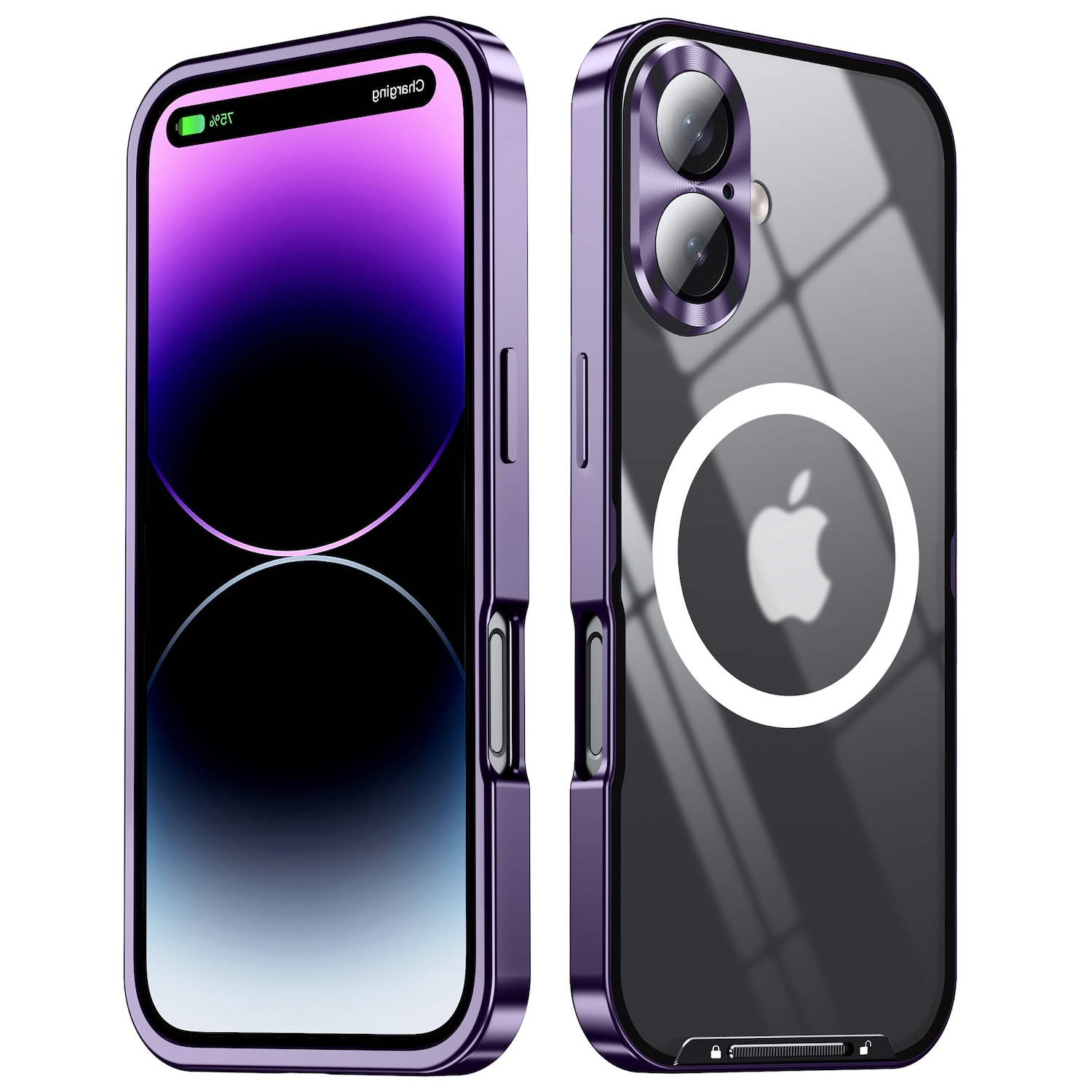 Handyhülle, lila Rahmen, zeigt den Bildschirm des Telefons und die Rückseite mit Apple-Logo.