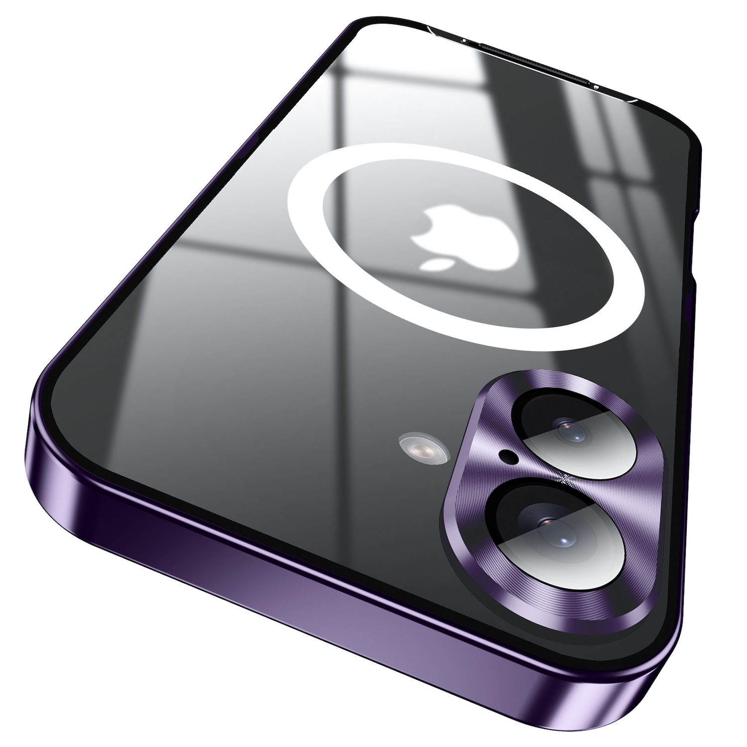 Eine lila Handyhülle mit Apple-Logo, Kameraobjektiven und einem Ring zum MagSafe-Laden.