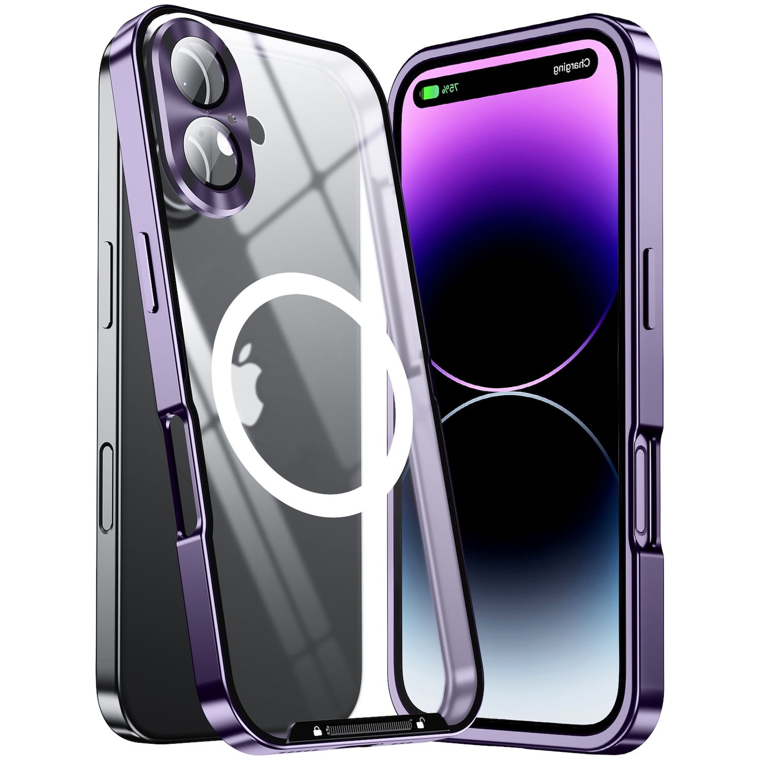 Lila Handyhülle mit iPhone. Transparente Rückseite und lila Rahmen. Weißer Hintergrund.