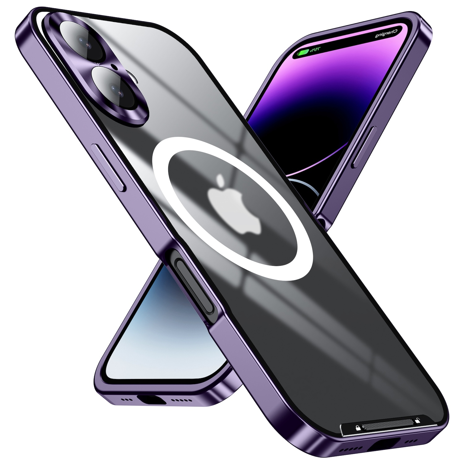 Lila Handyhülle mit zwei Handys, zeigt das Apple-Logo.