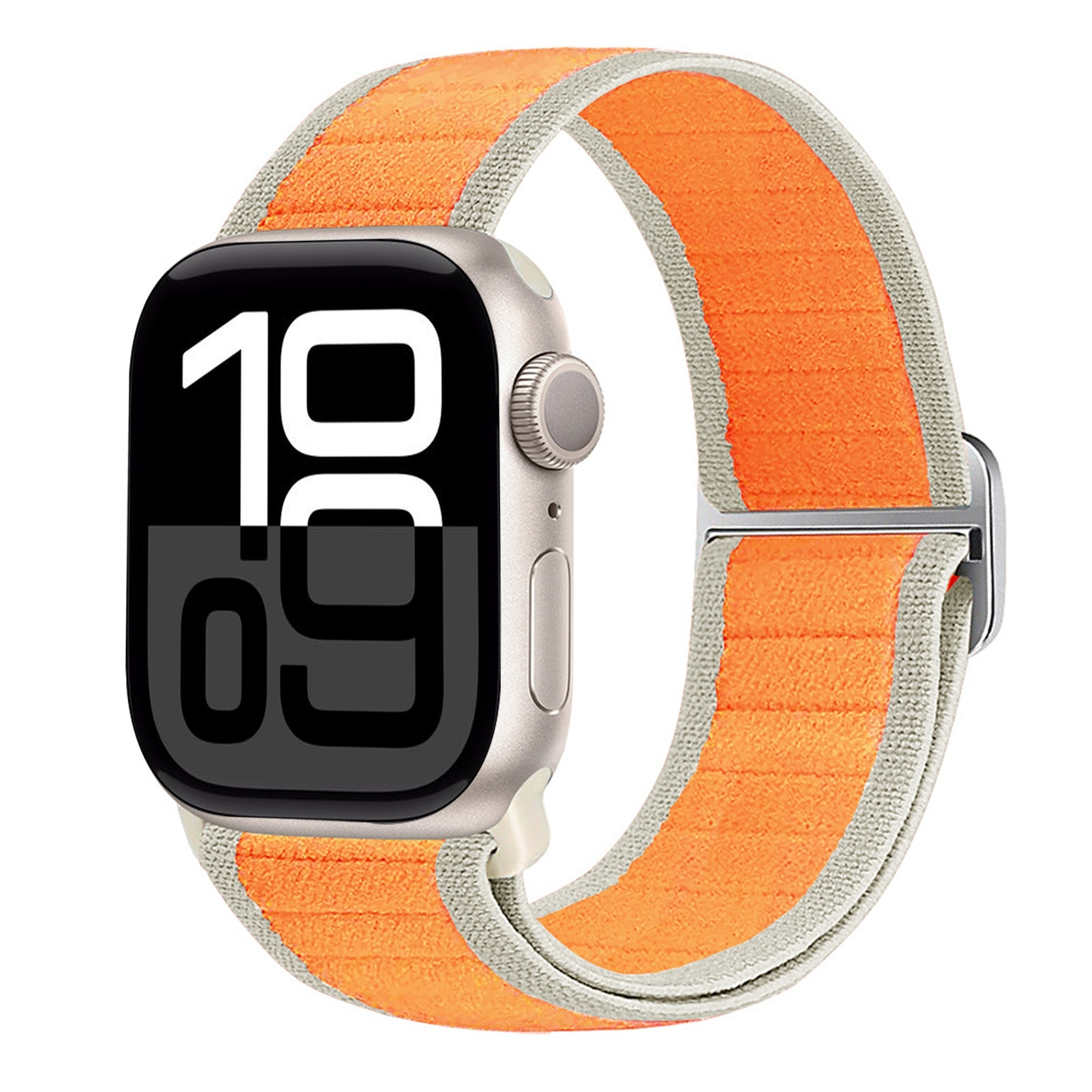 Smartwatch mit orange-grauem Band und digitaler Zeitanzeige.
