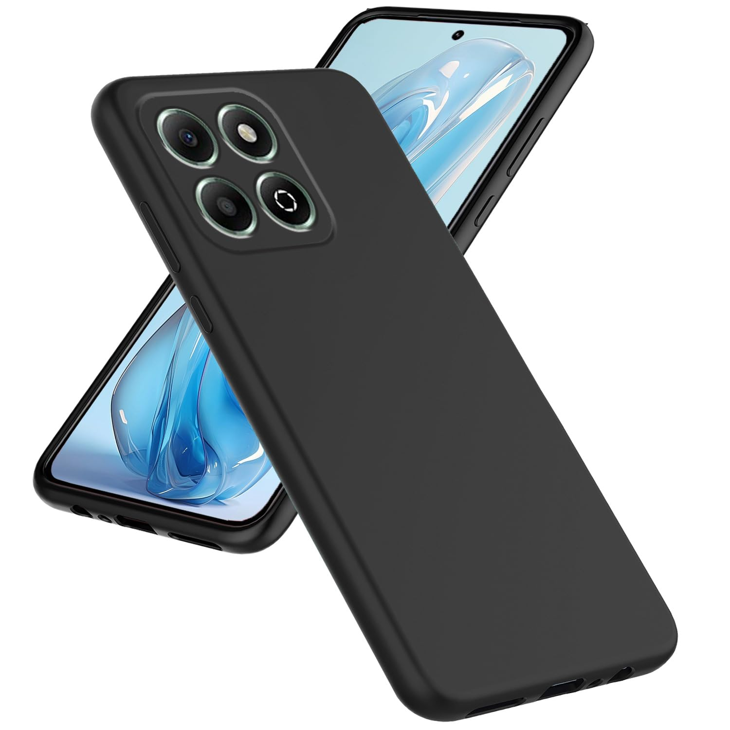 Schwarzes Telefon mit vier Rückkameras, dargestellt mit schwarzer Hülle.