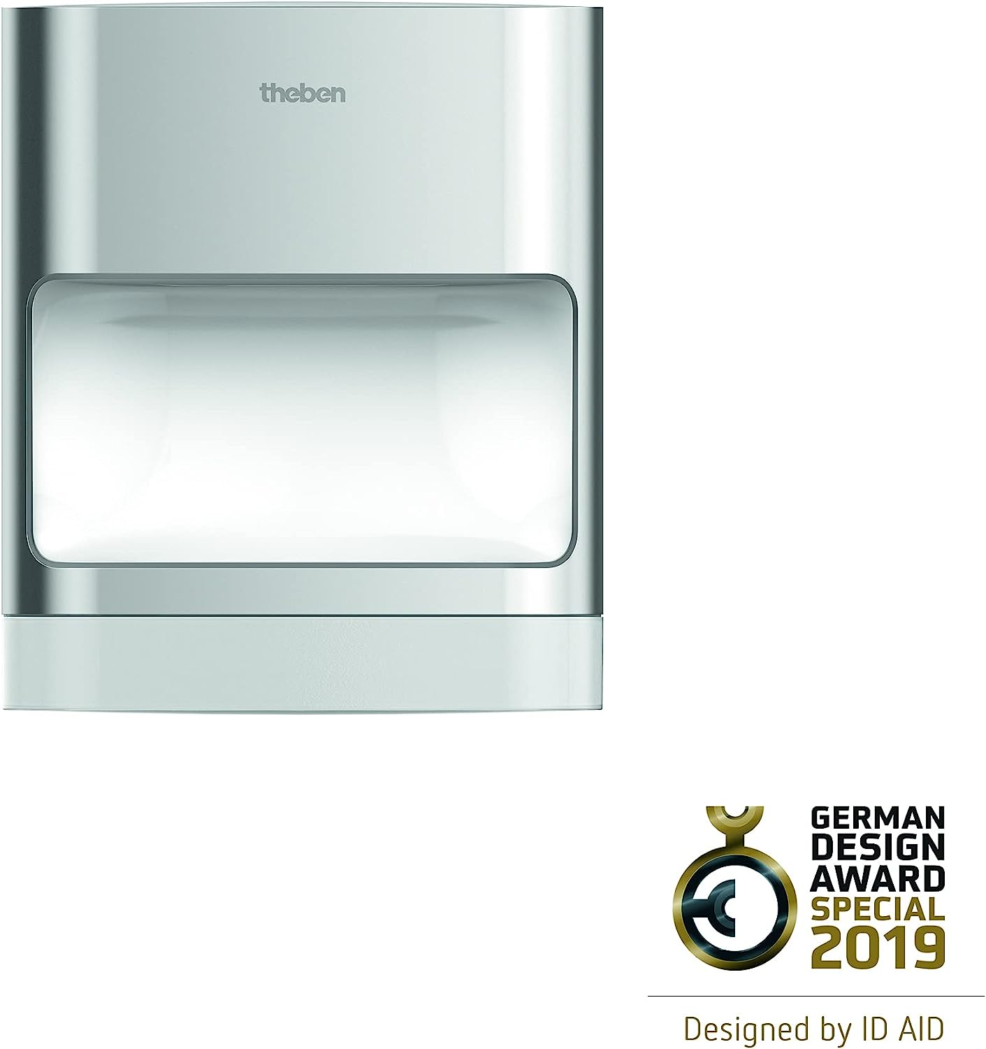 Ein silberner, rechteckiger Händetrockner. Das Design beinhaltet die Worte 'theben' und den German Design Award.