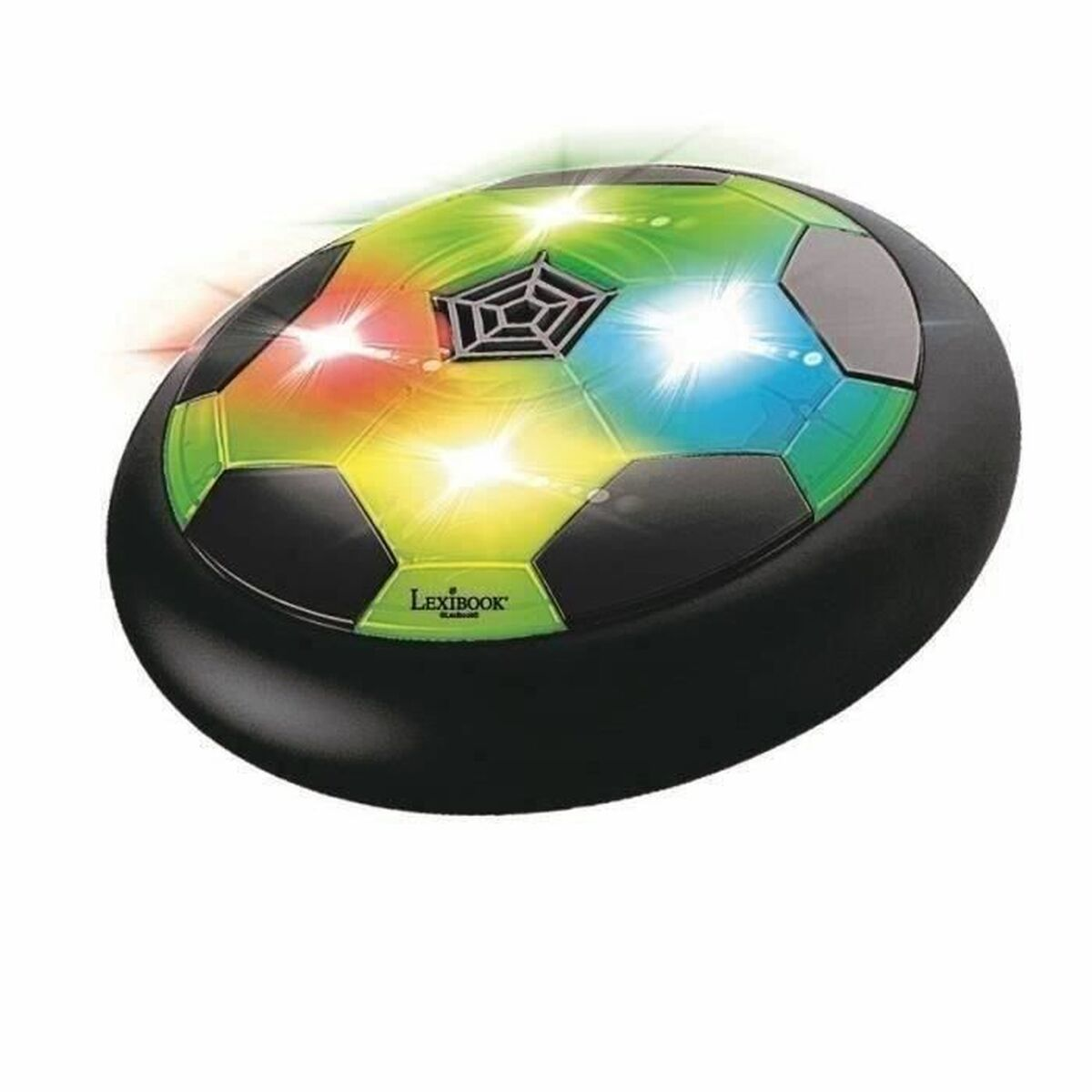 Un juguete con forma de balón de fútbol, con luces multicolores y base negra.