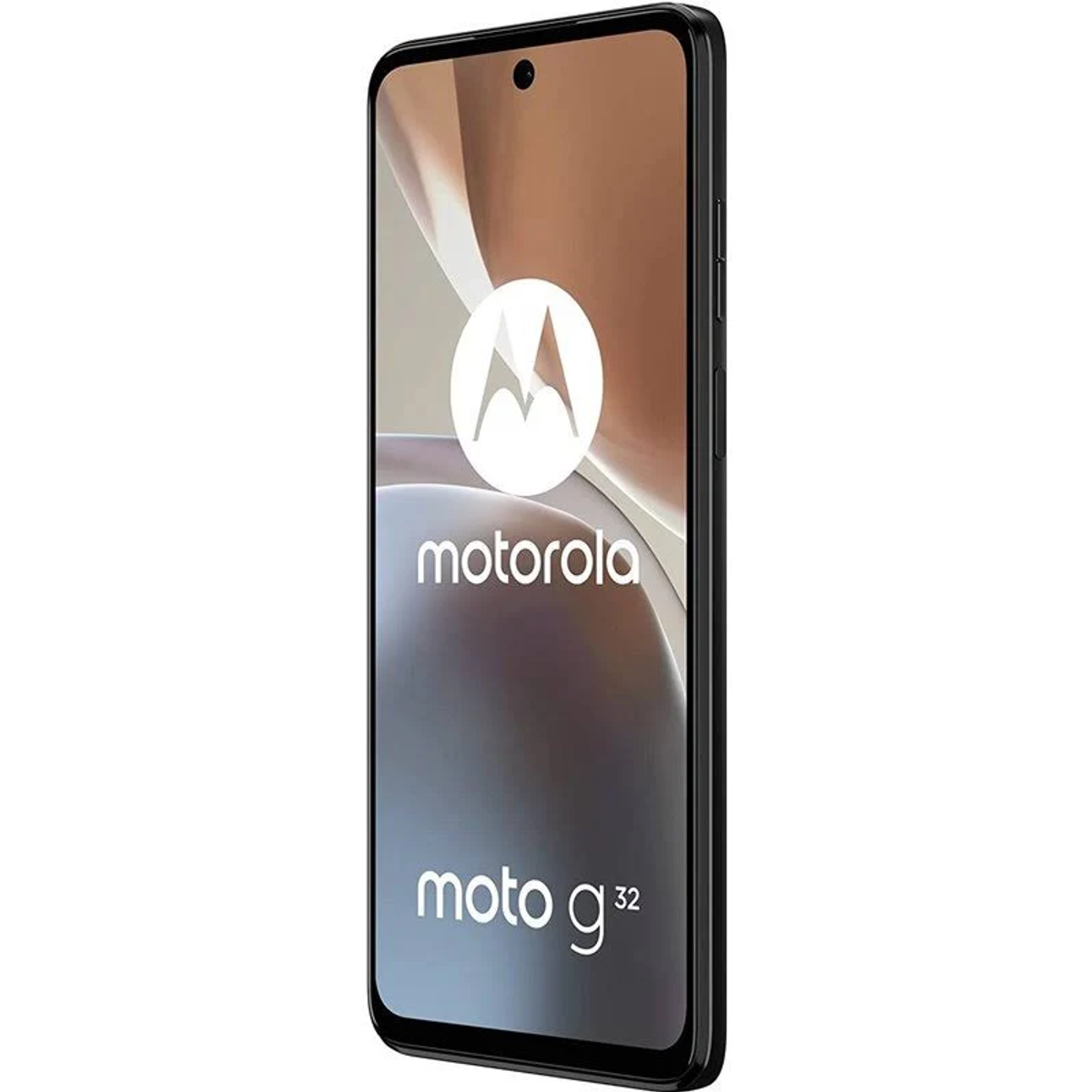 Czarny telefon Motorola, logo widoczne na ekranie. Telefon pochylony w prawo.