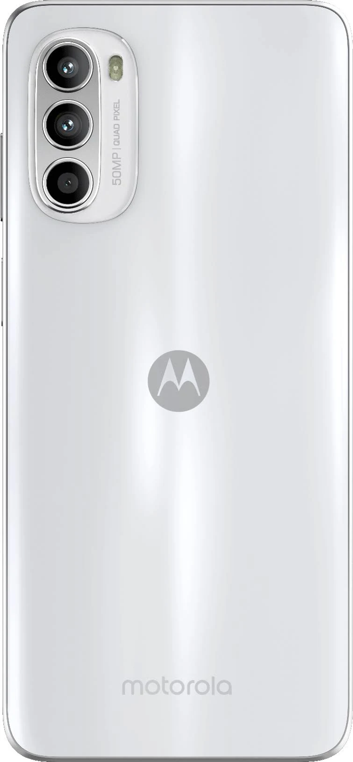 Biały telefon Motorola, widok z tyłu. Trzy aparaty, logo. Białe tło.