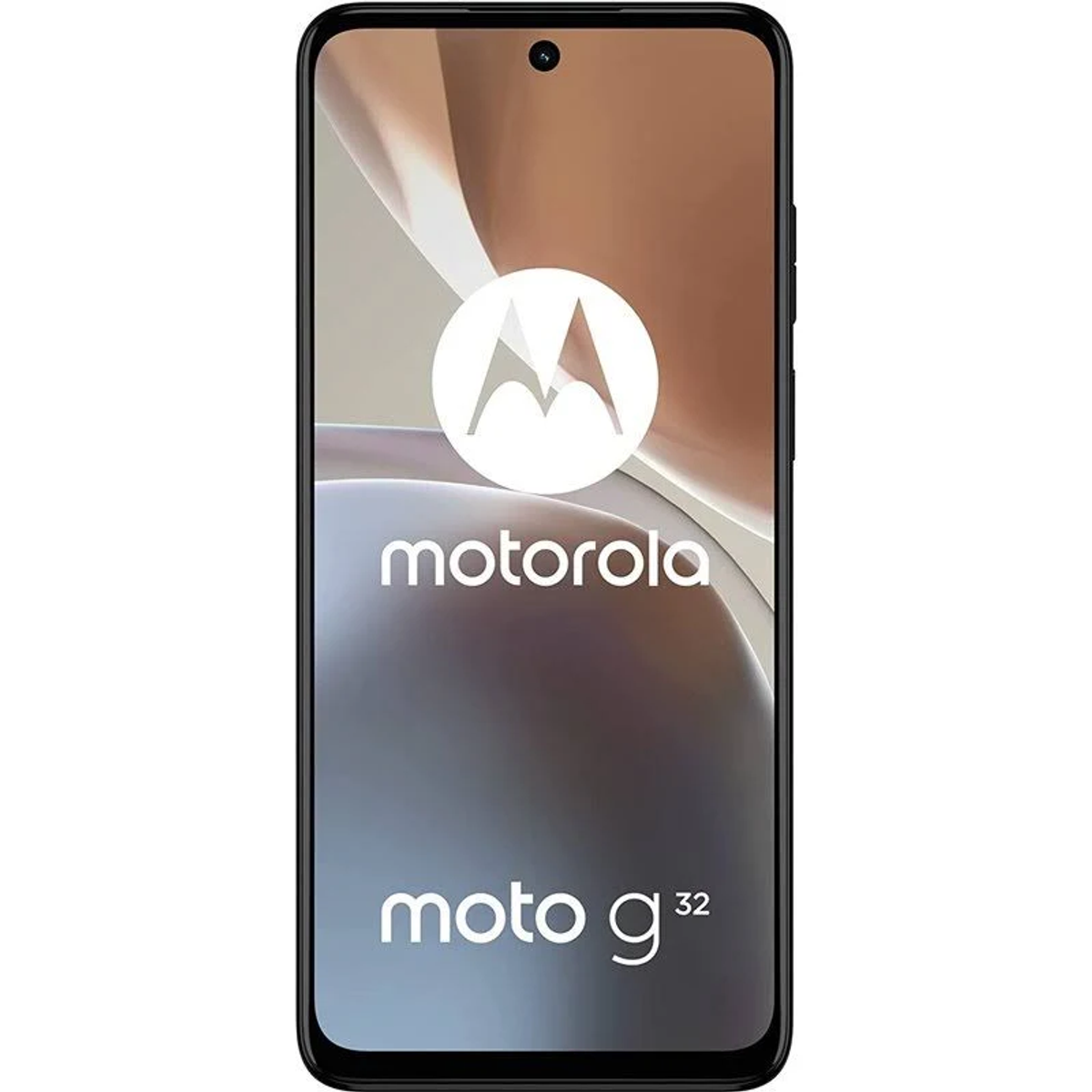 Czarny smartfon Motorola Moto G32, włączony ekran, logo Motorola, białe tło.