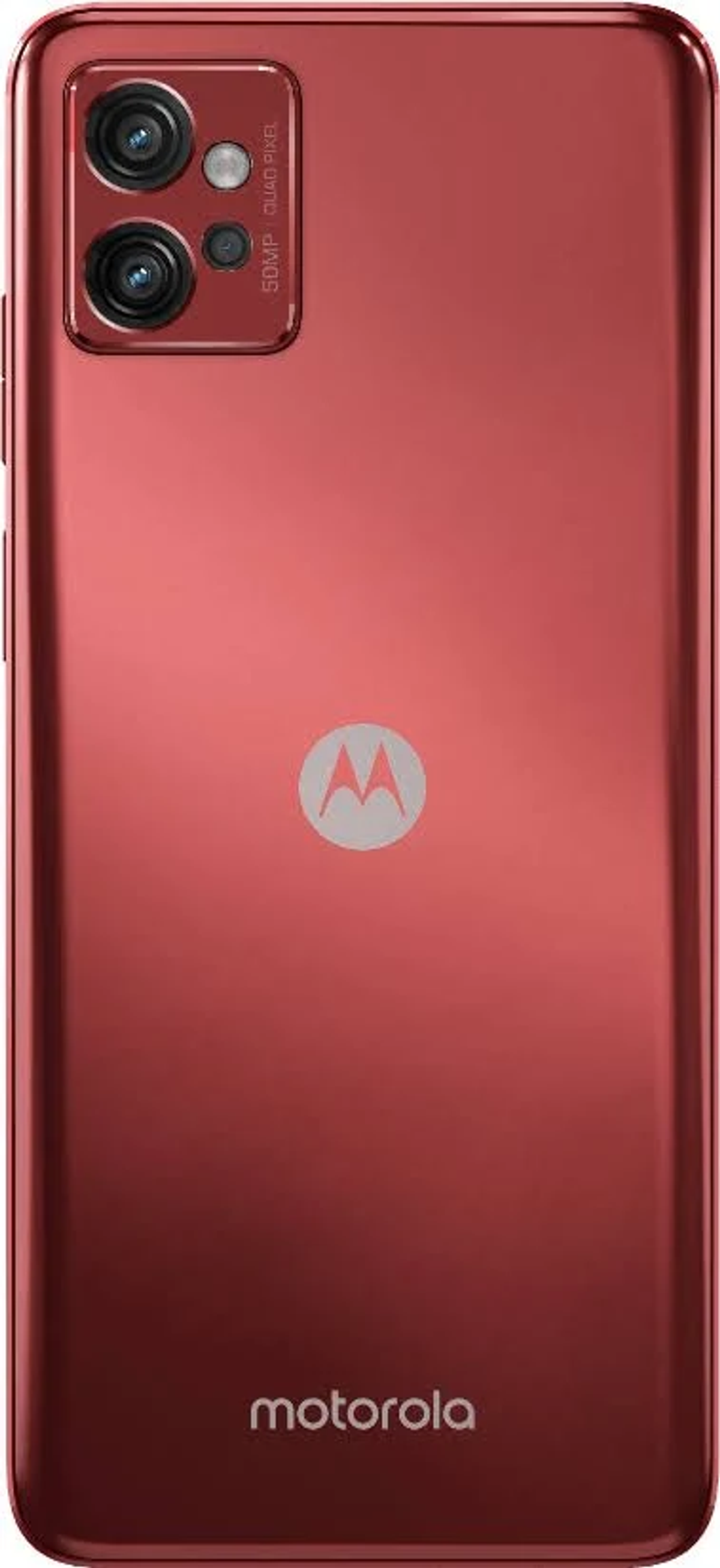 Czerwony smartfon z dwoma aparatami i logo Motorola. Telefon na białym tle.