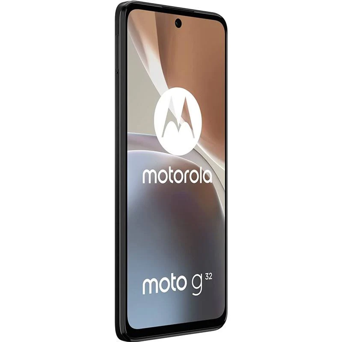 Czarny telefon Motorola, ekran włączony, pokazujący nazwę marki. Białe tło.