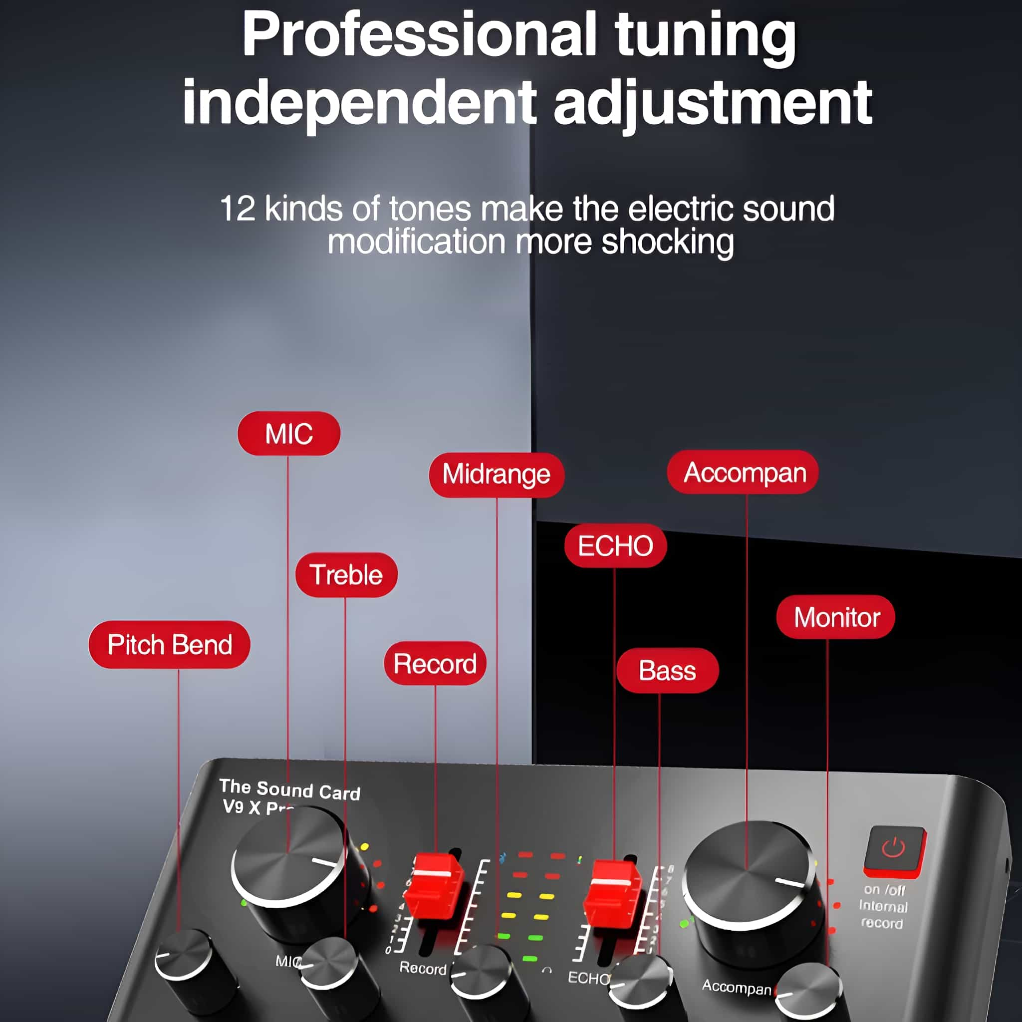 Soundmixer mit Knöpfen und roten Schiebern, beschriftet für Mikrofon, Echo, Monitor usw. Schwarzer Hintergrund.