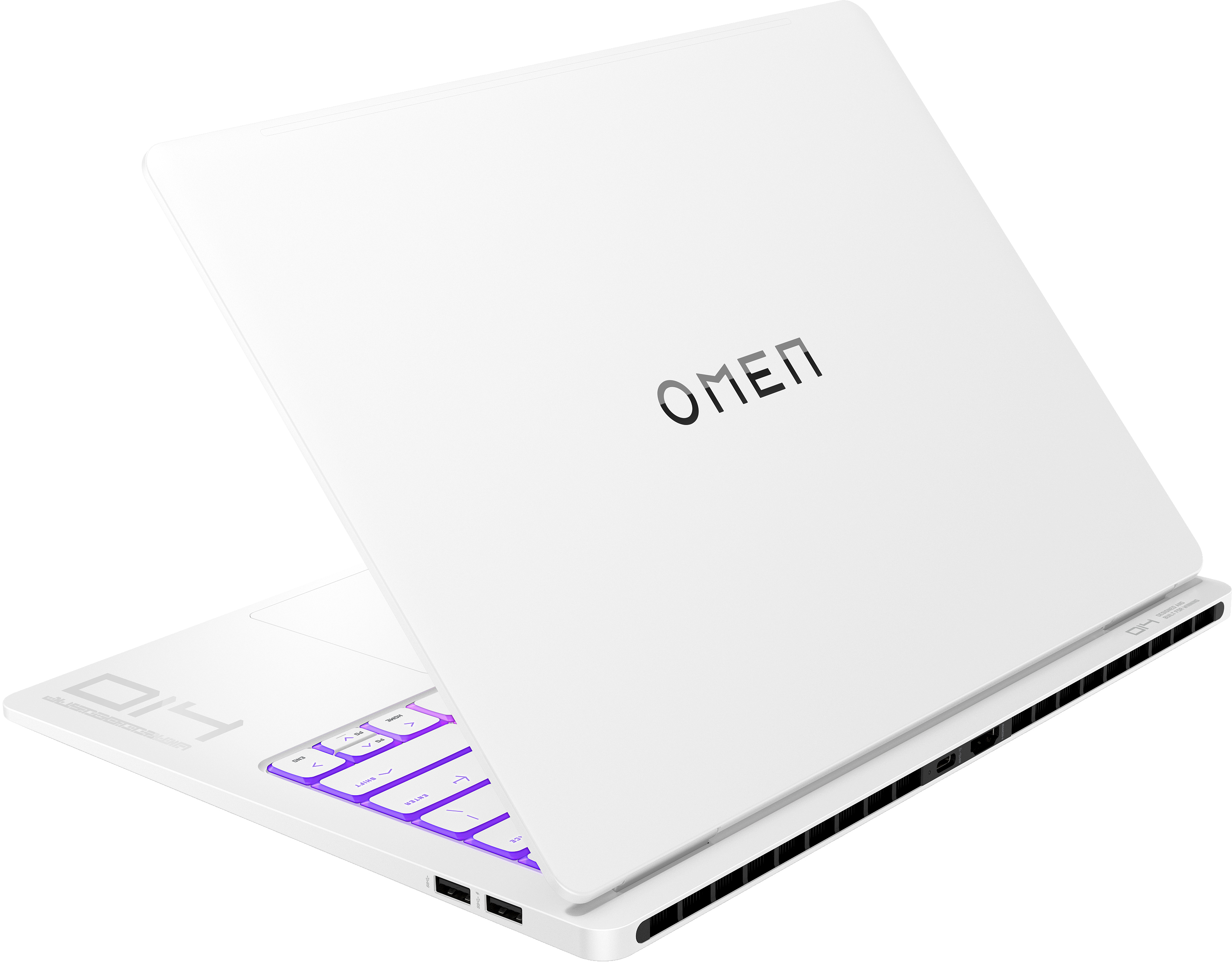 Ordinateur portable Omen blanc, vue en angle, logo OMEN, fond blanc, détails noirs.