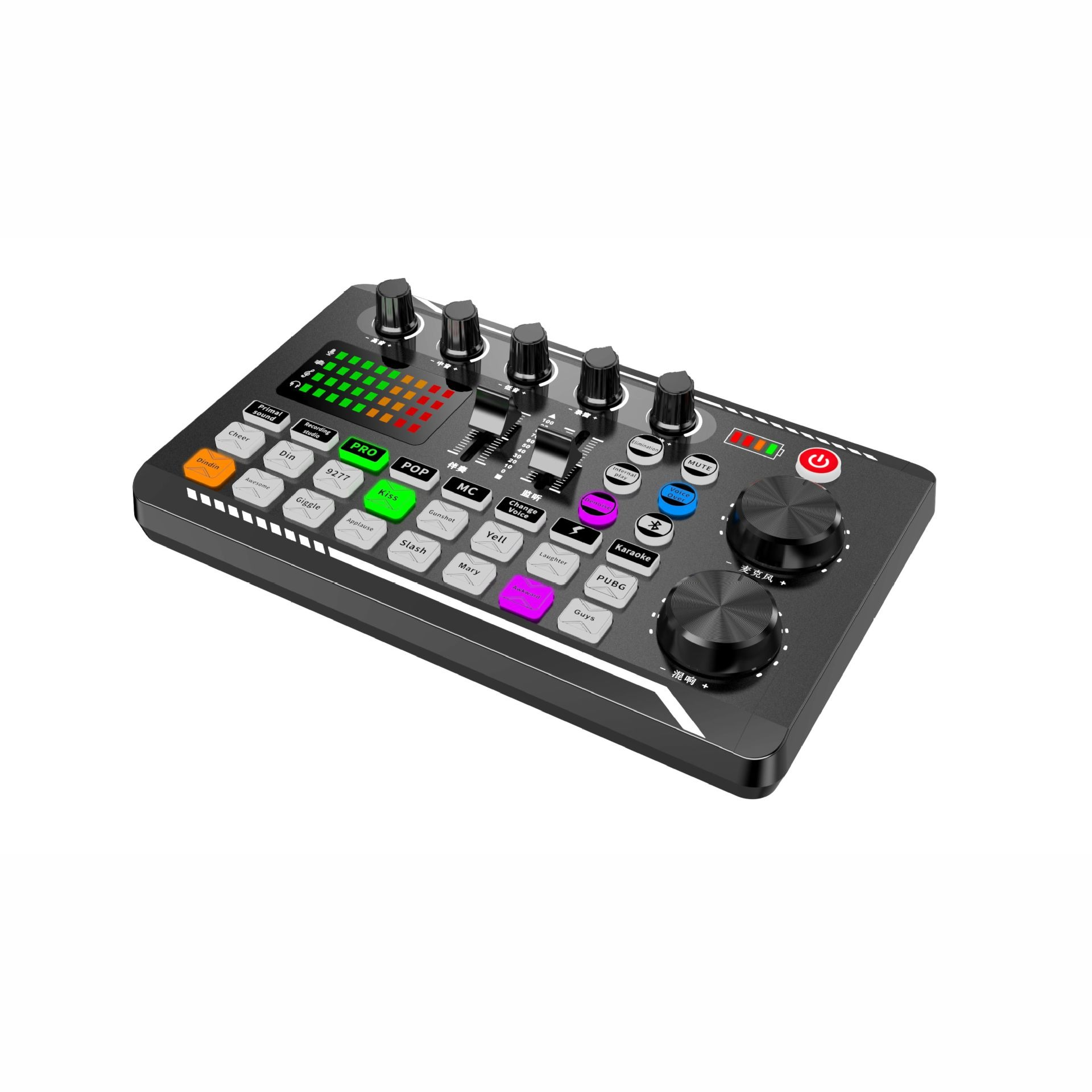 Schwarzer Audio-Mixer mit Knöpfen und Reglern, mit weißem Hintergrund.
