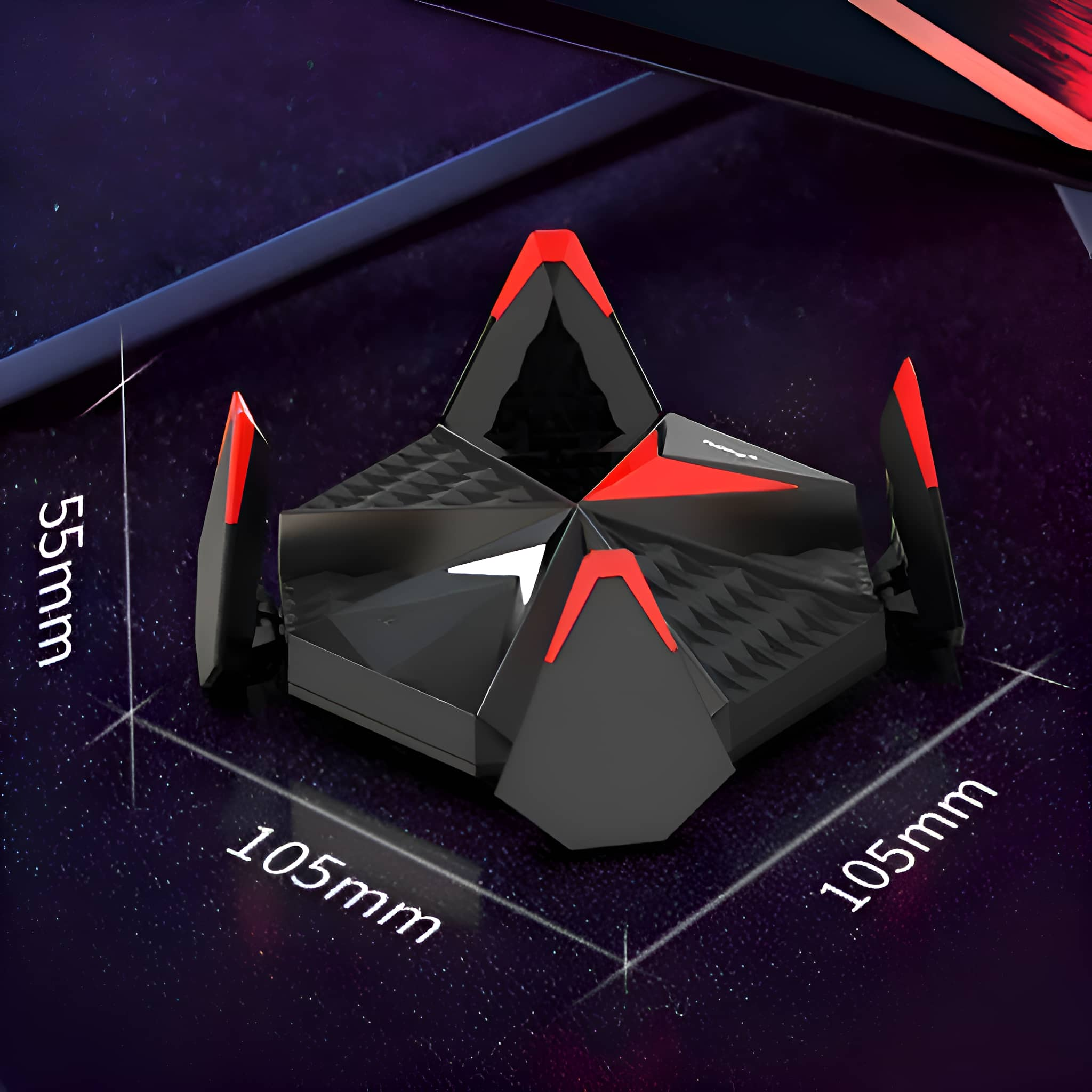 Schwarz-rotes geometrisches Gerät mit Messungen und Abmessungen auf dunkler Oberfläche.