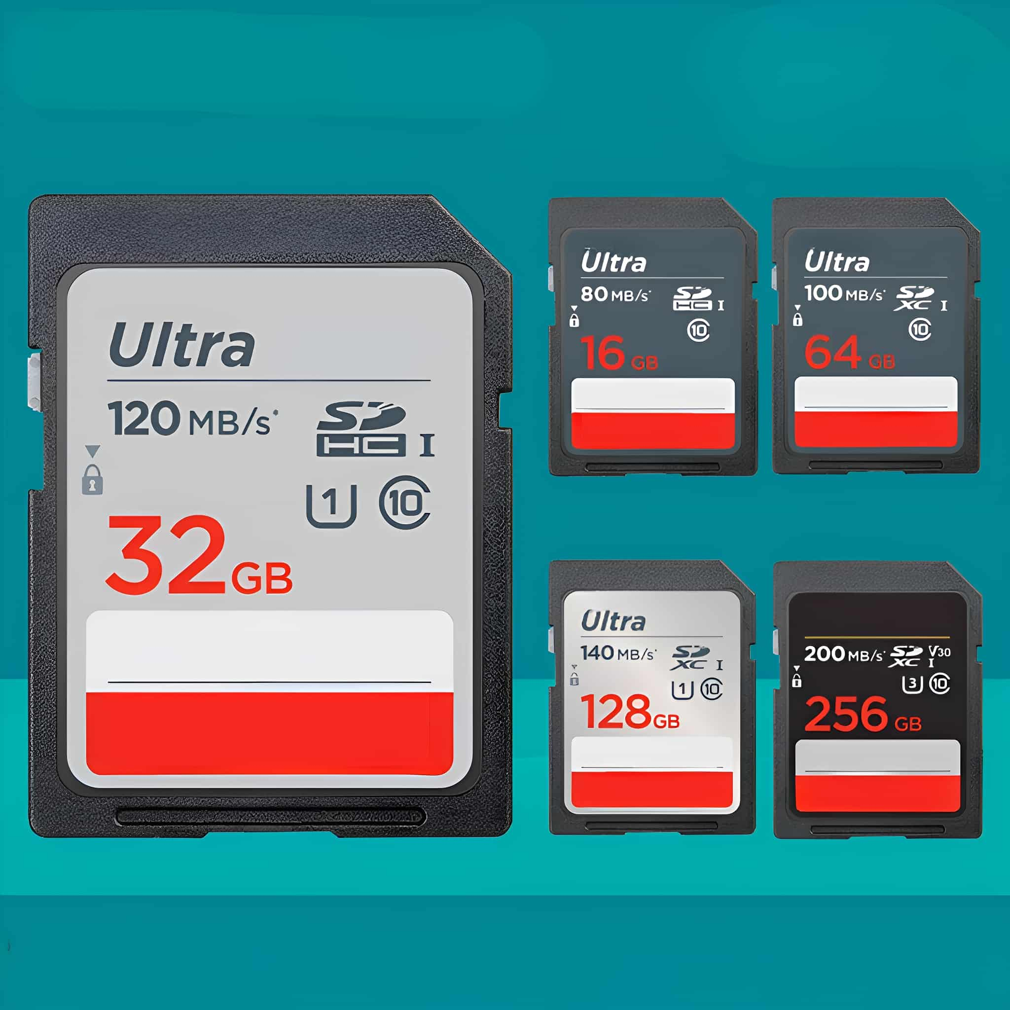 Fünf SD-Karten mit unterschiedlichen Kapazitäten. Jede hat das Label 'Ultra' und einen roten Akzent.