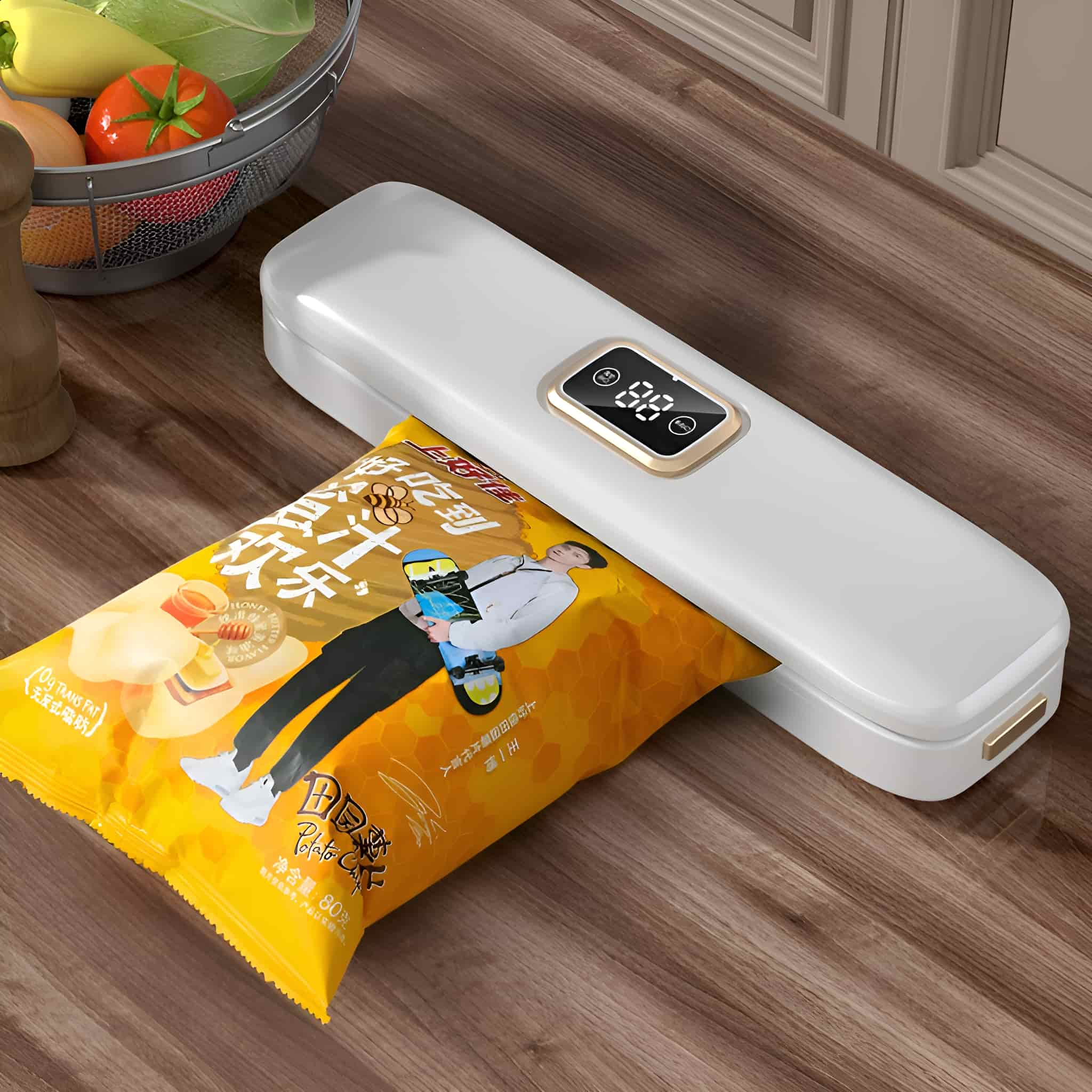 Weißes Lebensmittelversiegelungsgerät mit einer gelben Chipstüte. Die Maschine hat eine Digitalanzeige.