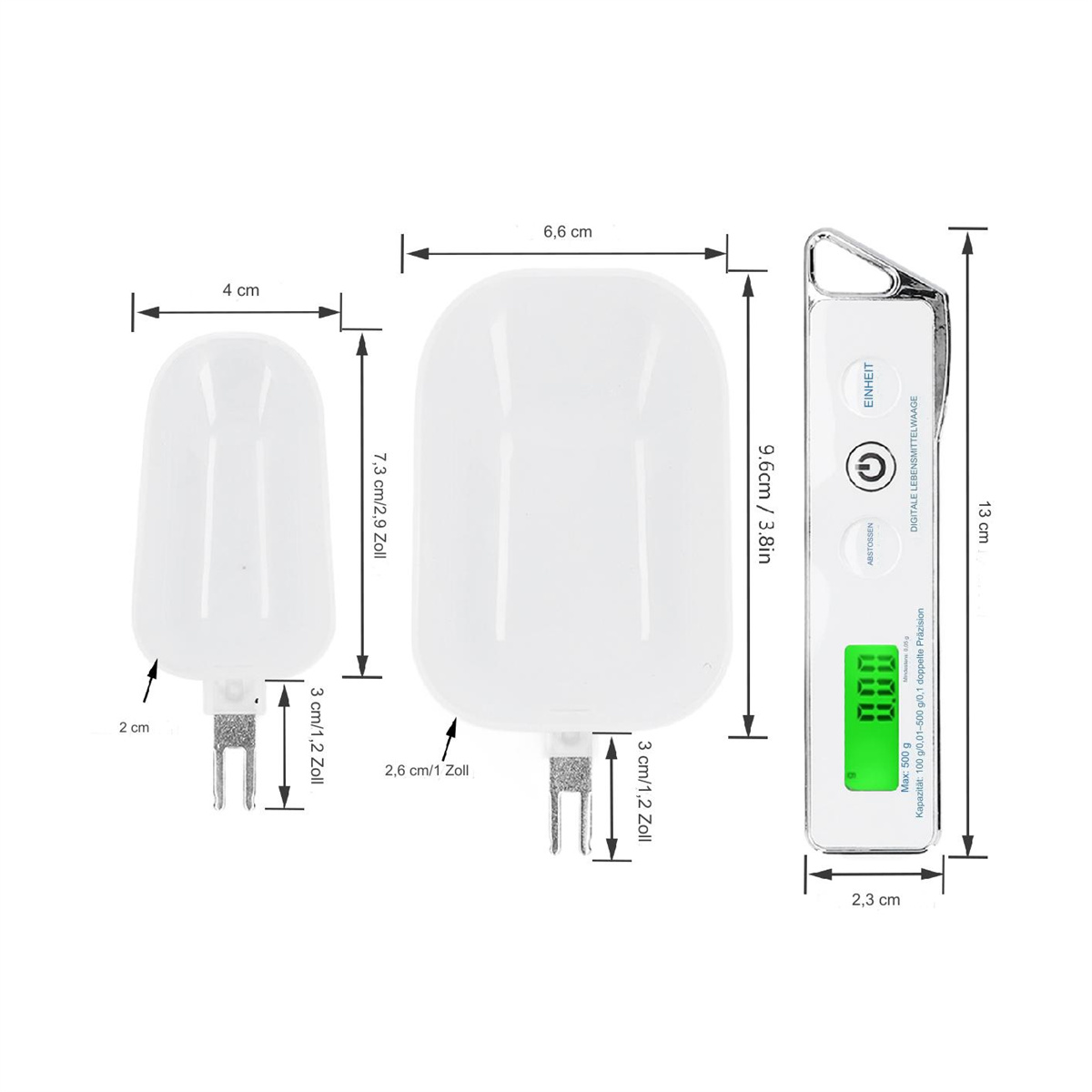 Drei weiße Netzadapter mit in cm und Zoll angegebenen Abmessungen.