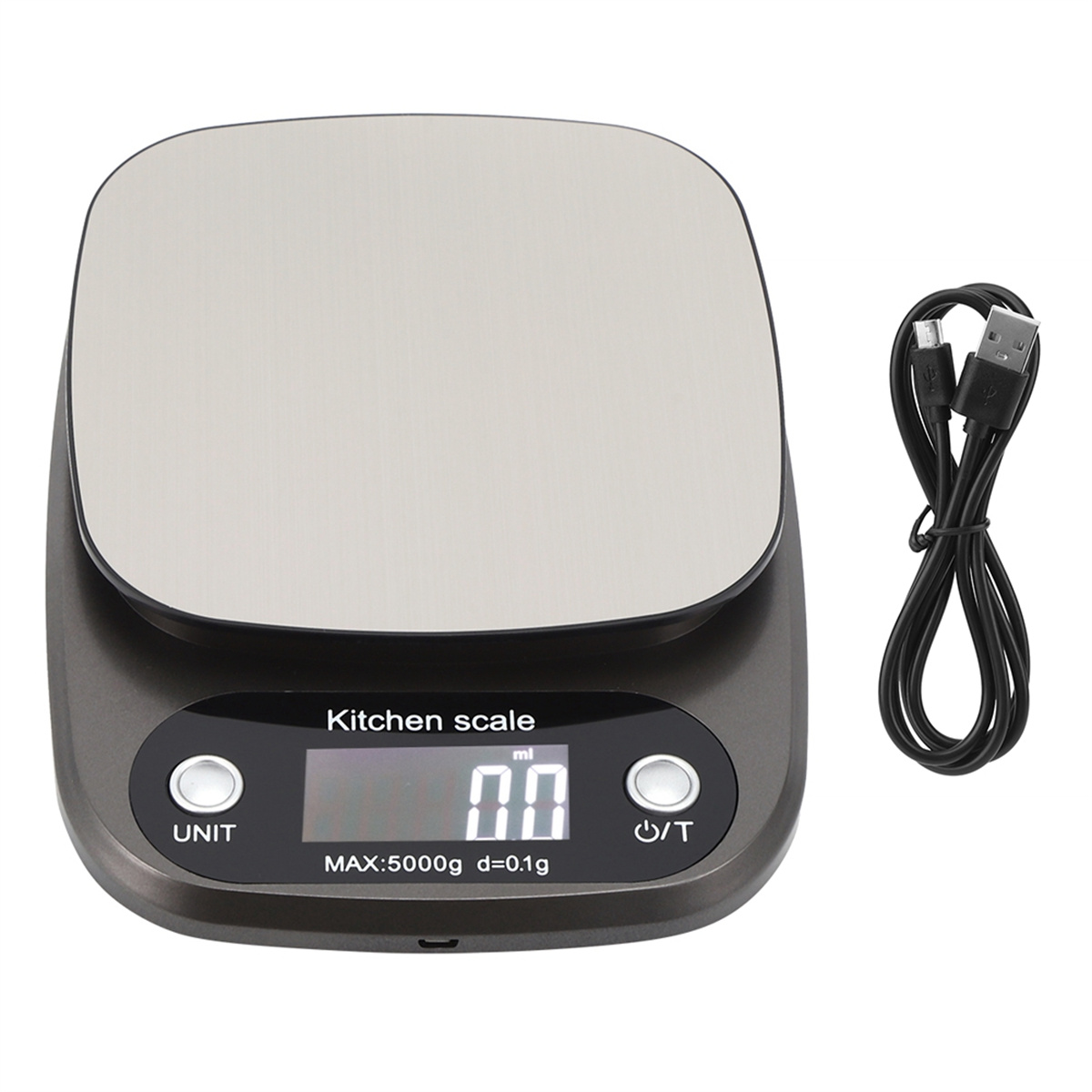 Küchenwaage mit Digitalanzeige, die '0.0' anzeigt. Ein USB-Kabel liegt daneben.