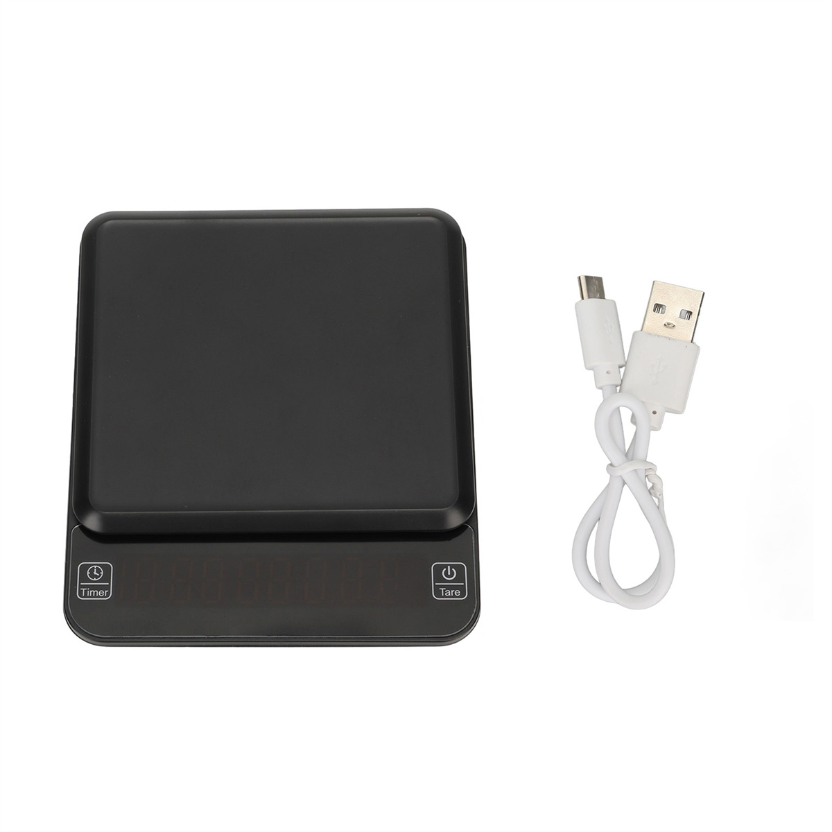 Eine schwarze Digitalwaage mit Digitalanzeige und einem daran angeschlossenen USB-Kabel, auf weißer Oberfläche.