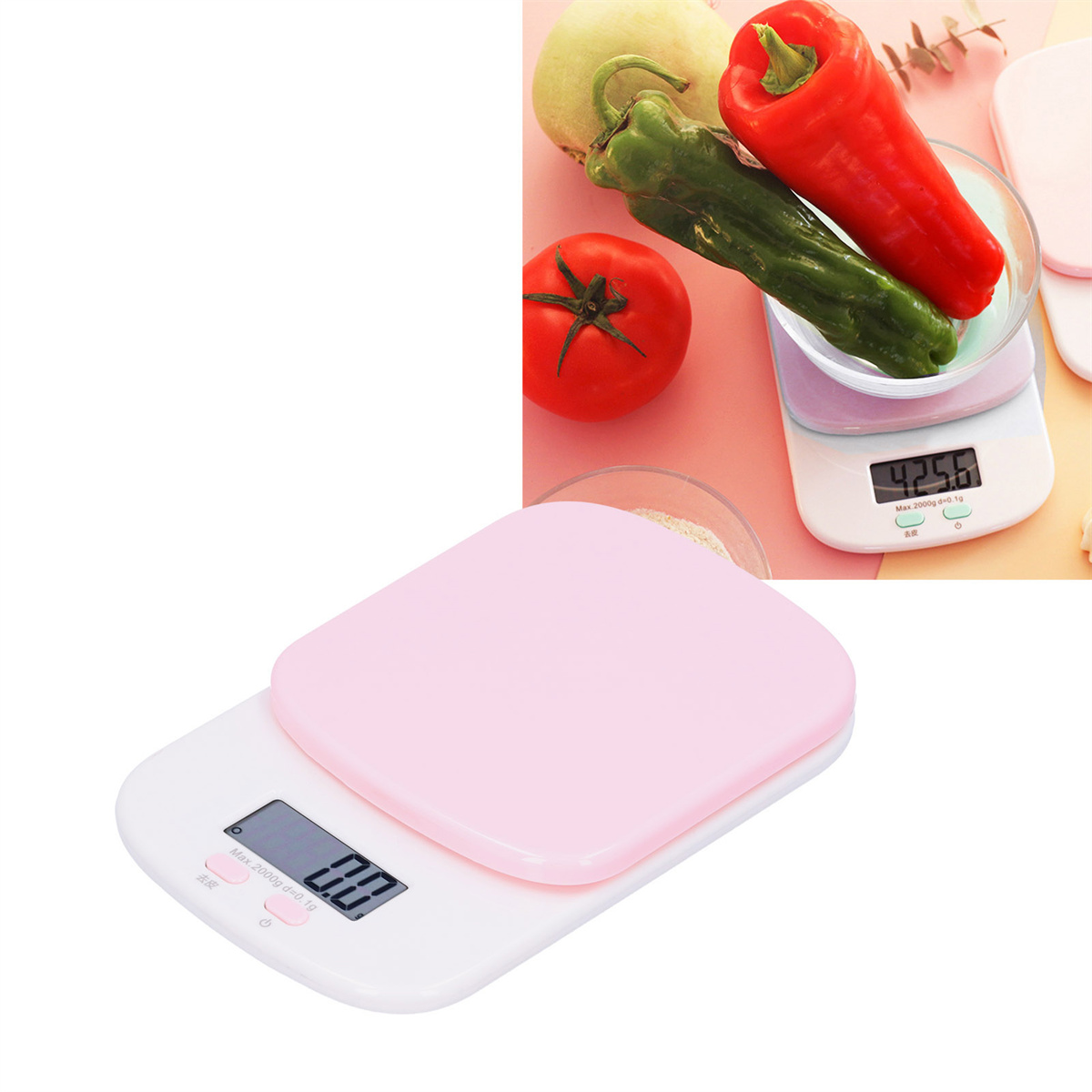 Rosa Waage mit Paprika und einer Tomate oben drauf.
