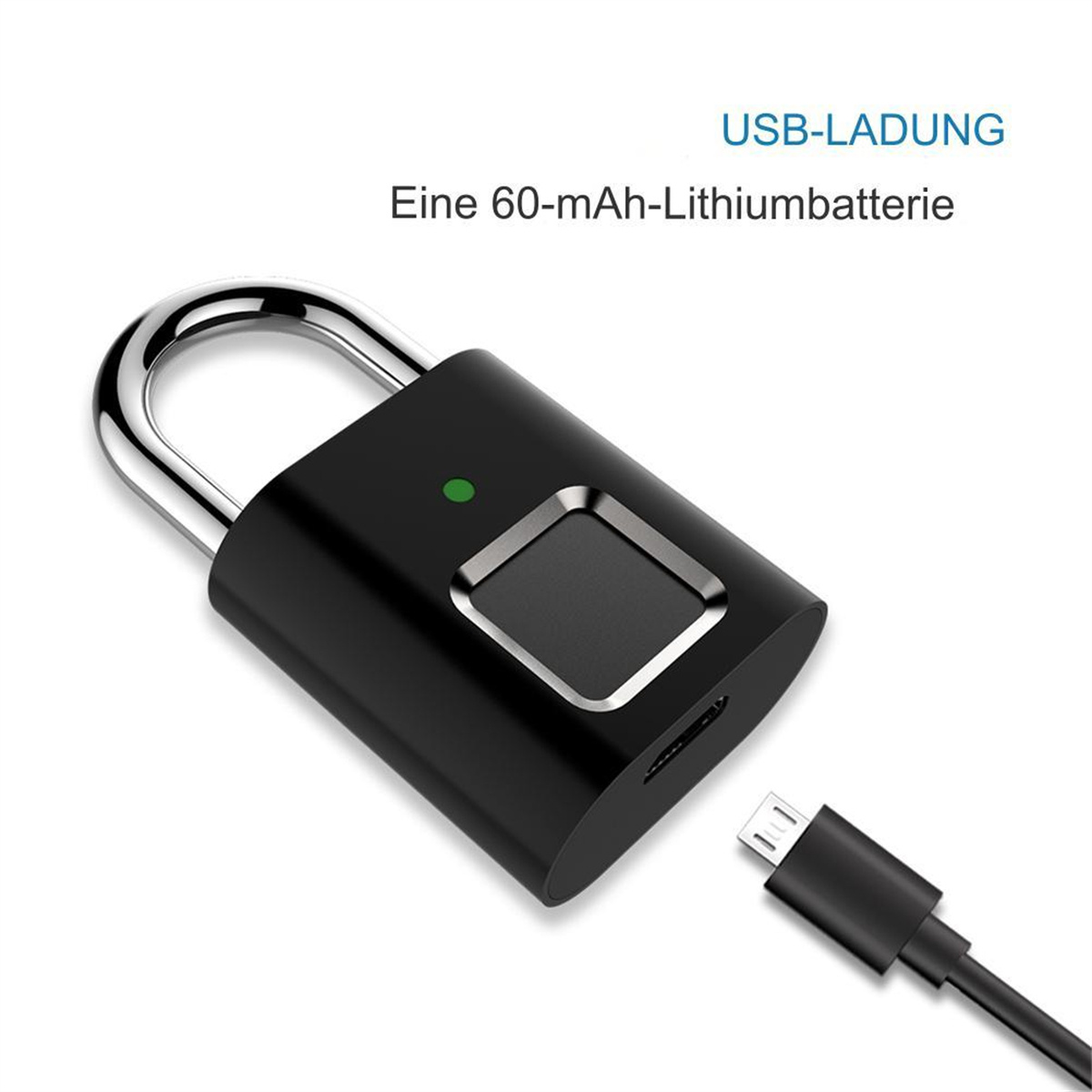 Schwarzes Vorhängeschloss mit Fingerabdruckscanner. Ein USB-Kabel ist angeschlossen. Text: USB-Aufladung.